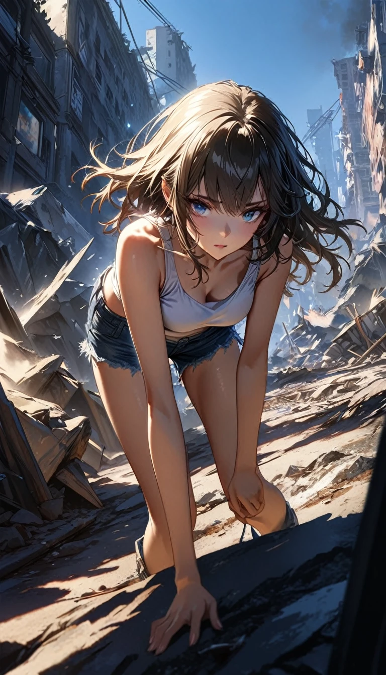 1 girl, ((super detailed, high resolution, super detailed, top quality, amazing, top quality, high detail CG Unity 8k wallpaper, cinematic lighting)), viewpoint, (full body), A pretty girl is on the battlefield where the survival of humanity is at stake. She is wearing a white tank top and denim hot pants. Her eyes are red. She is crouched and hidden in the shadow of a collapsed building with explosion marks all around her. The girl is fighting bravely alone. She is hiding and waiting for a chance to attack. Cool and stylish.