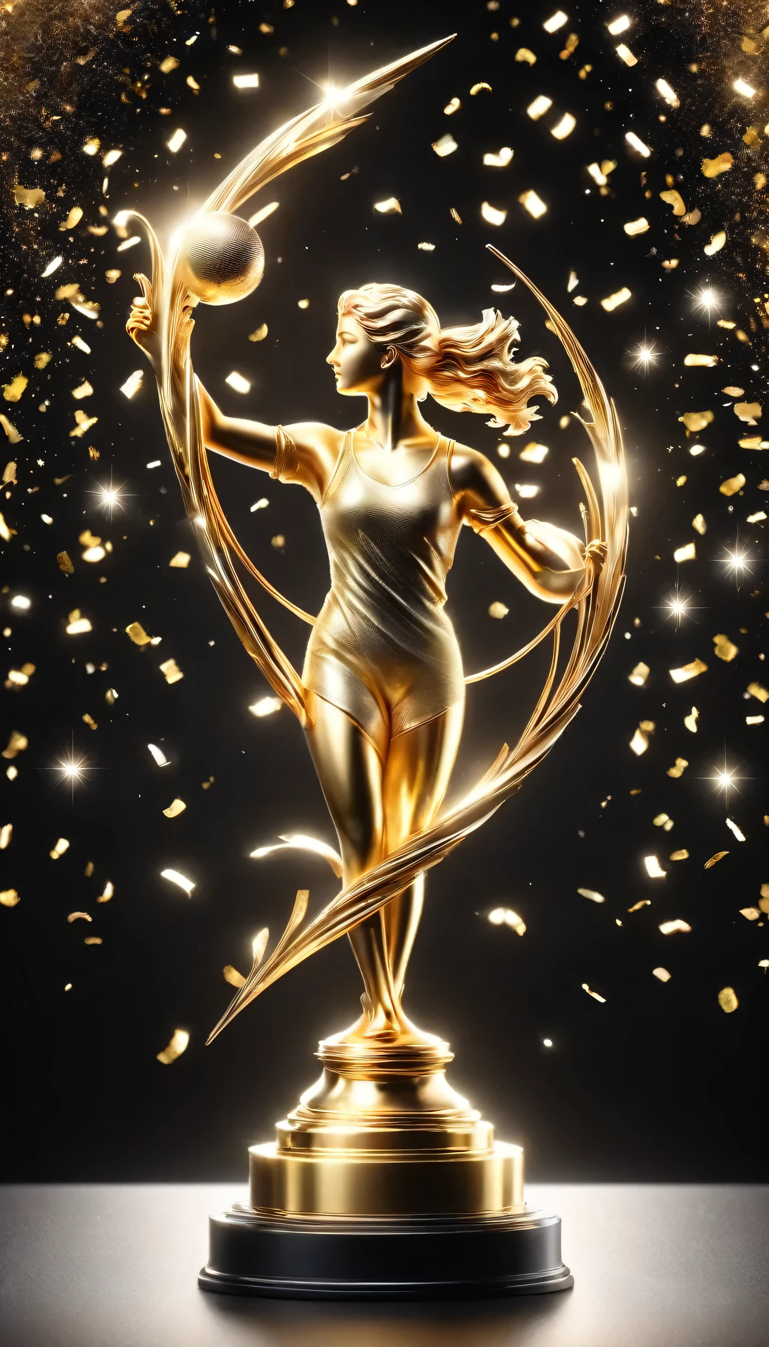 Beautiful golden trophy isolated on dark background,Golden Trophy and Golden Statue,The Olympic Games,Sport symbol,Twist,Artwork,Fine workmanship,Great workmanship,highest quality,Made by a craftsman,beautiful,Metallic luster,Artistic,Beautiful light and shadow,Gold and Platinum,BREAK,Dark Background,Highlight the beauty of the trophy,flash,Sparkling,Grains of Light,Silver Powder,lame,Confetti,celebration,BREAK,Photo taken from the side at an angle