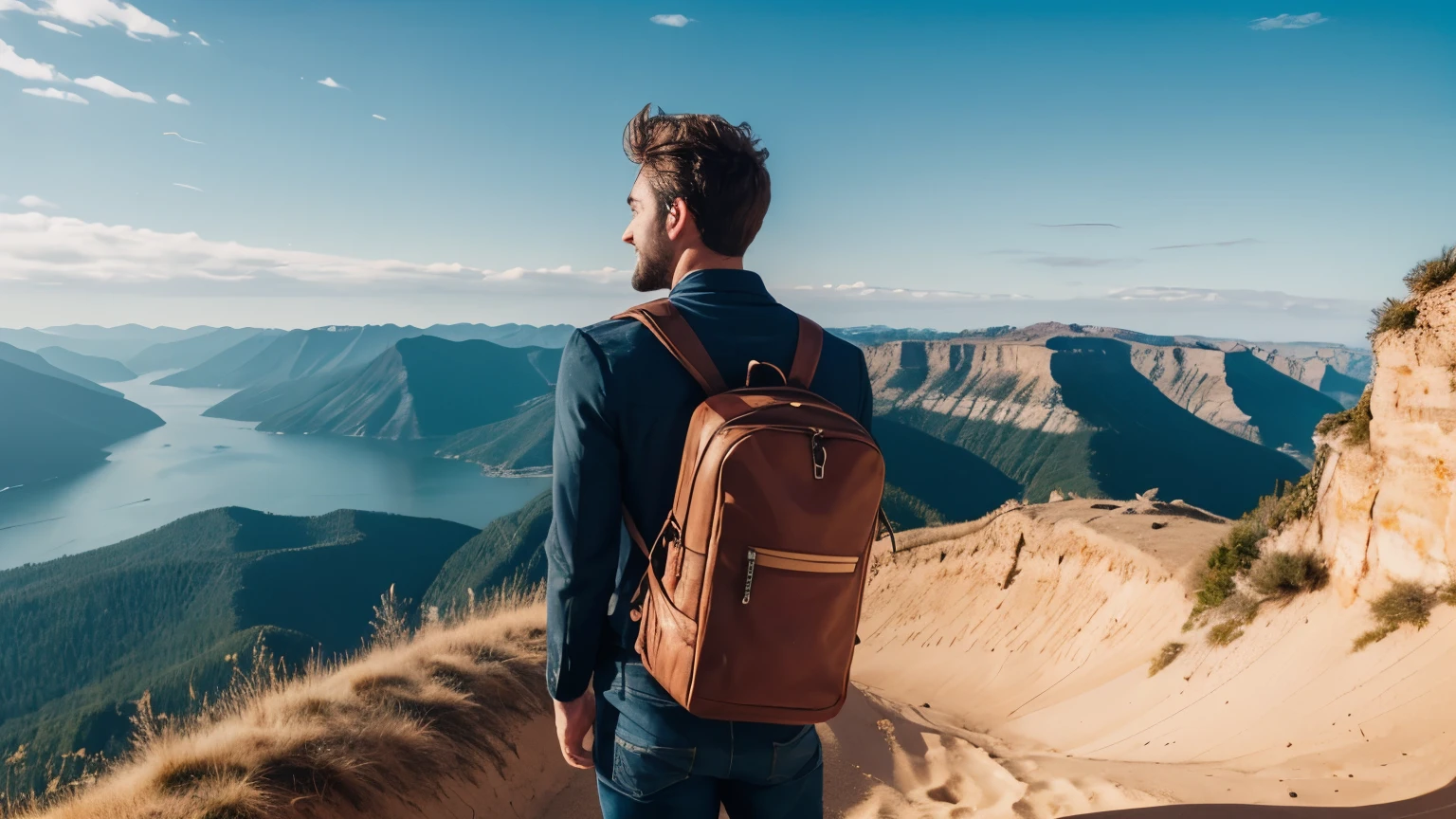 successful, handsome and happy man traveling all over the world, on the picture he is turned back