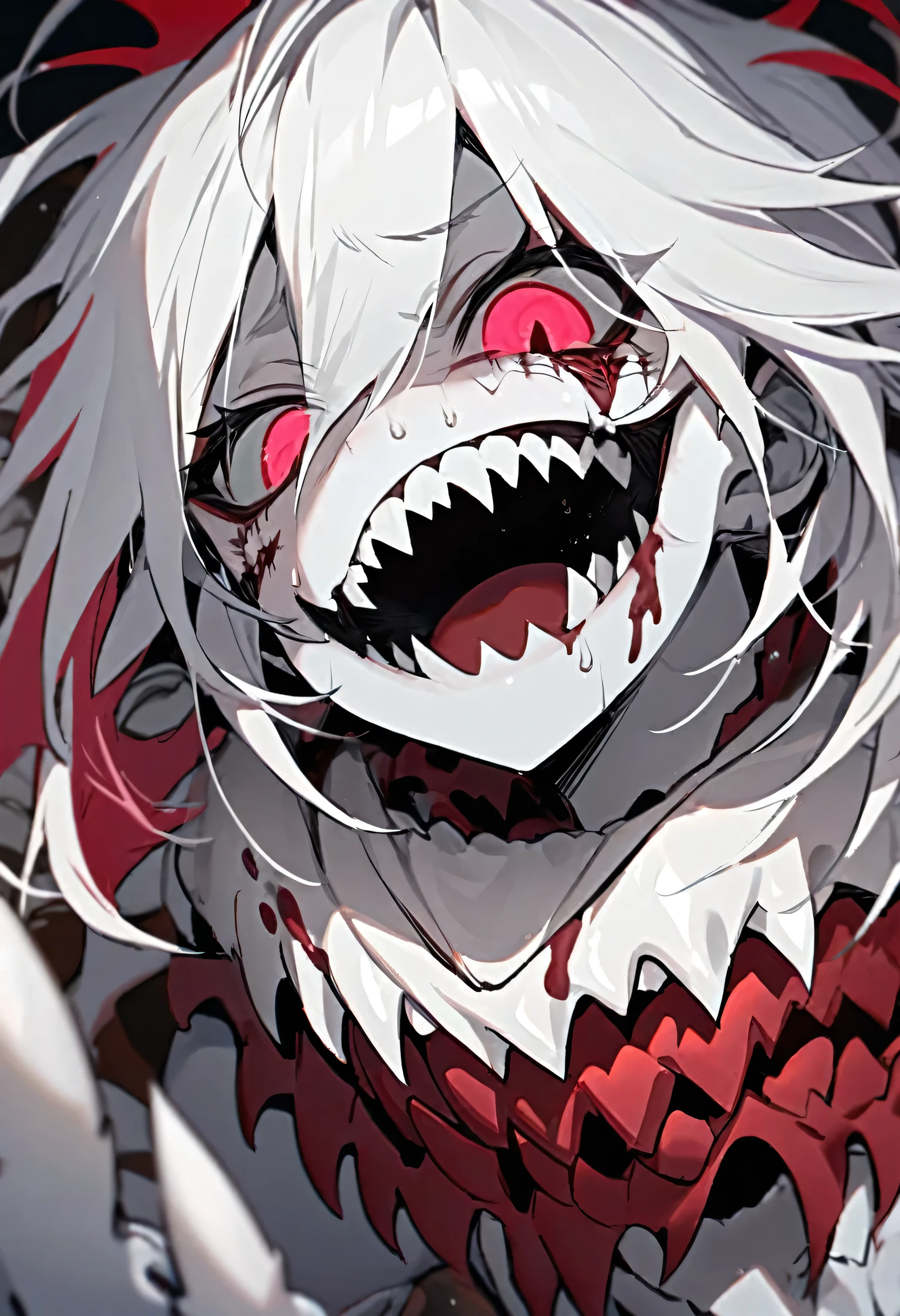 White monster boy, white skin with faint luster, androgynous, wine red eyes, white claws, disfigured face, black mouth, countless sharp teeth, black tongue, white hair.