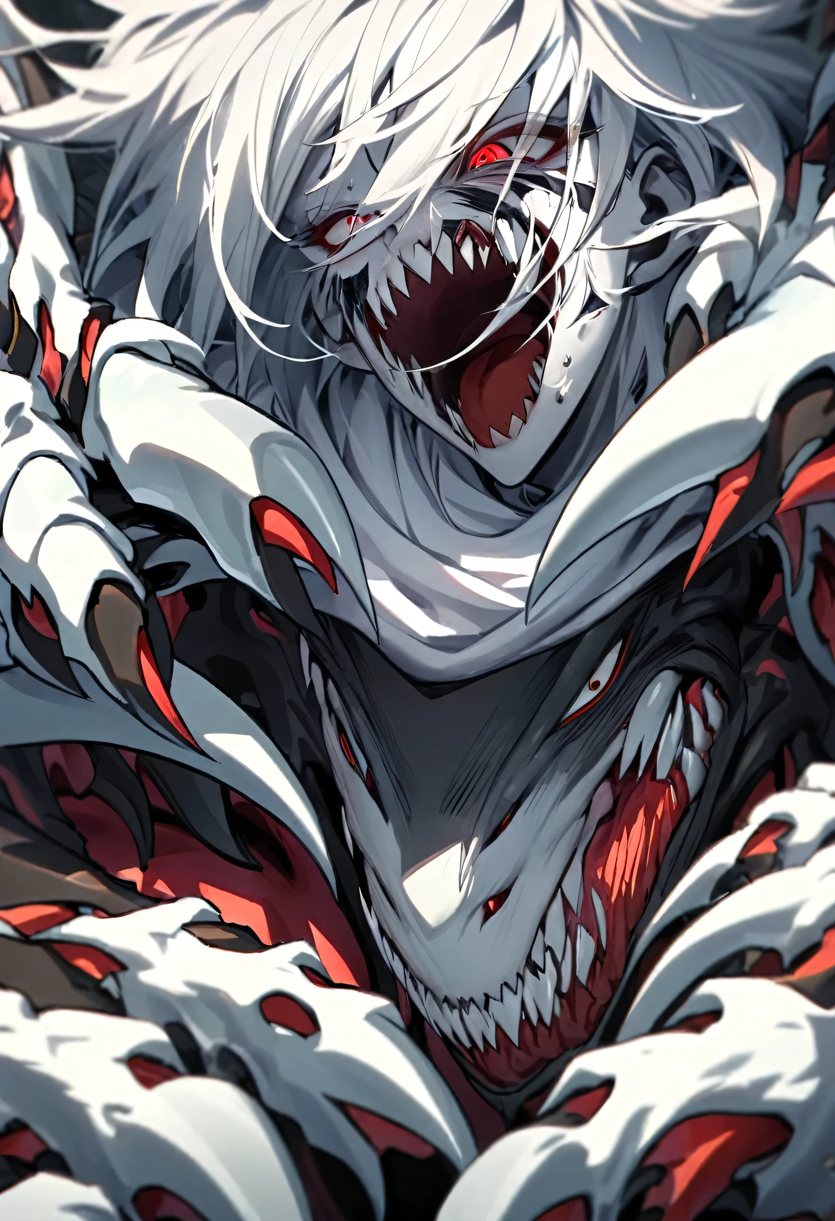 White monster boy, white skin, androgynous, red eyes, claws, disfigured face, black mouth, countless sharp teeth, white hair.