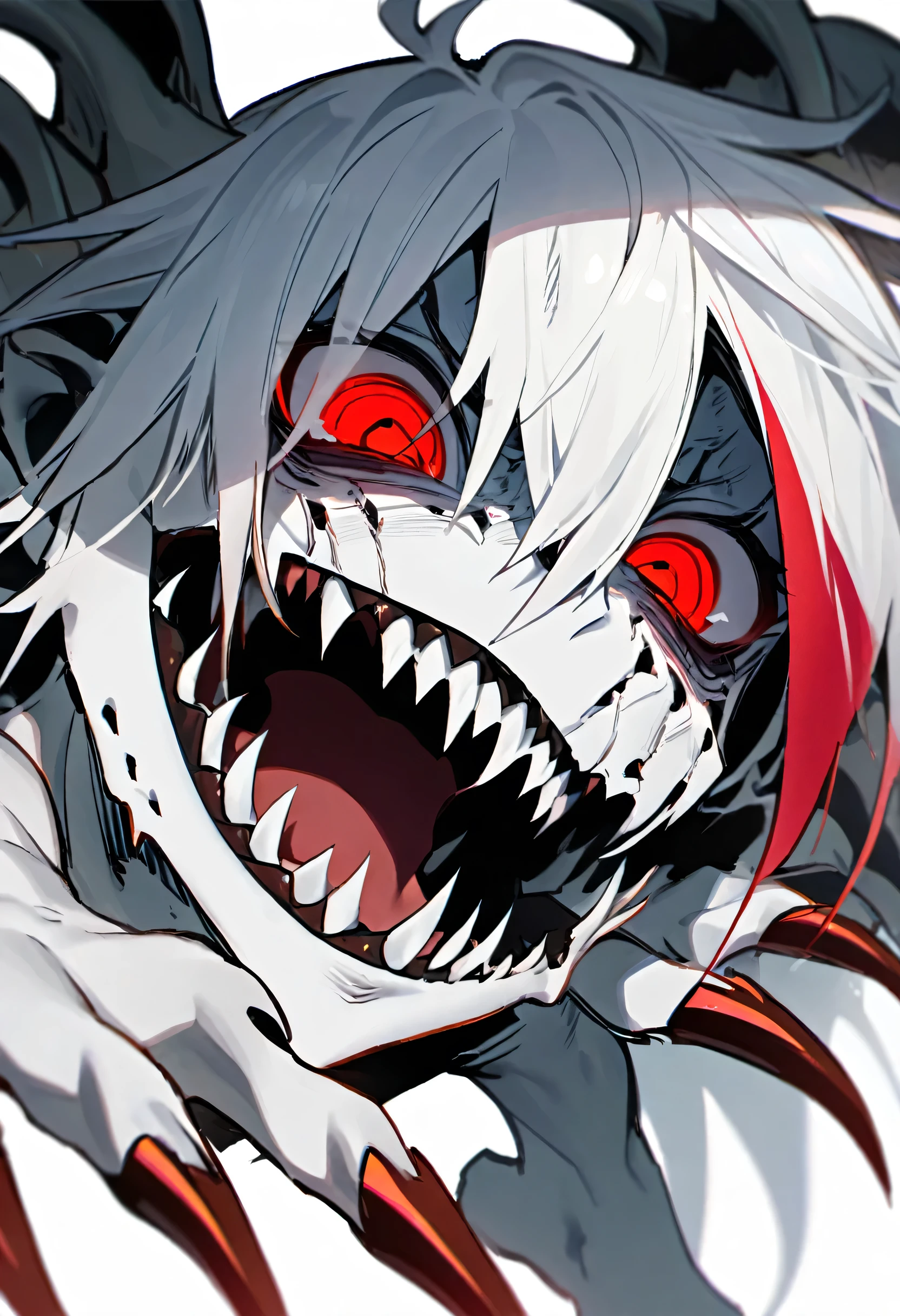 White monster boy, white skin, androgynous, red eyes, claws, disfigured face, black mouth, countless sharp teeth, white hair.