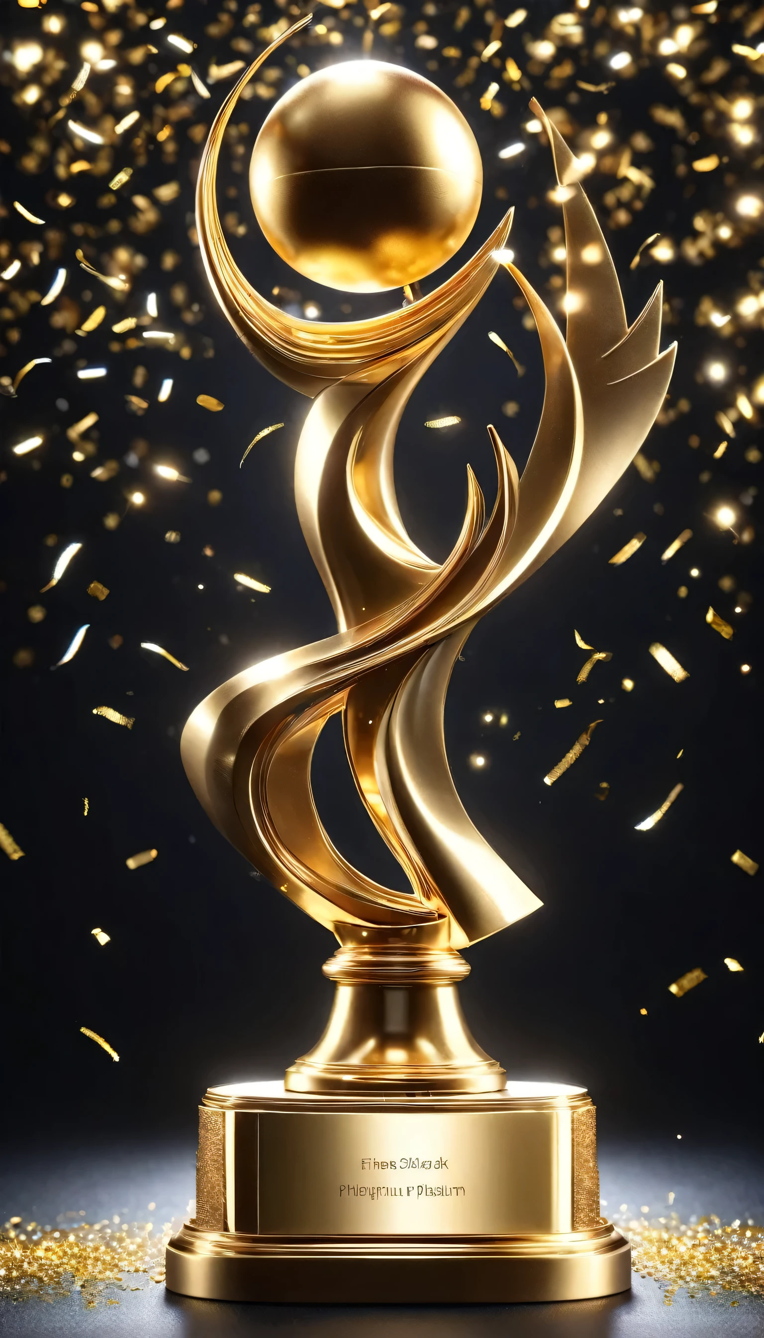 Beautiful golden trophy isolated on dark background,Golden Trophy and Golden Statue,The Olympic Games,Sport symbol,Twist,Artwork,Fine workmanship,Great workmanship,highest quality,Made by a craftsman,beautiful,Metallic luster,Artistic,Beautiful light and shadow,Gold and Platinum,BREAK,Dark Background,Highlight the beauty of the trophy,flash,Sparkling,Grains of Light,Silver Powder,lame,Confetti,celebration,BREAK,Photo taken from the side at an angle