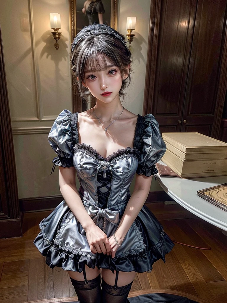 (8K, Photorealistic, Raw photo, of the highest quality: 1.3), (1girl in), Super beautiful, (Realistic face), (boyish, Silver Color Berry Shorthair), Beautiful , Glare that captivates the viewer, Beautiful expression, Beautiful breasts, (Realistic skin), Be...Super high quality, super high definition, super detailed, masterpiece, 20years old, female, cute, perfect face, beautiful, nice body, gothic ta clothes, gothic loliashion, frilly skirt, headdress, necklace, bracelet, knee-high socks, boots, double eyelids, tear bags, Detailed down to the fingers, photo-like description, indoors, dim indoor lighting, black hair, short bob, standing, whole body, composition that shows the whole body, smiling