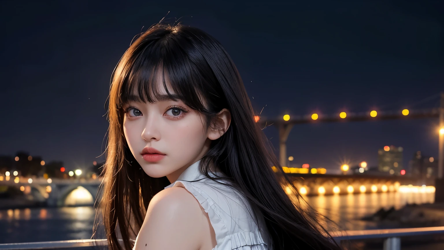 A beautiful woman. Detailed drawing of the face. Beautiful double eyes. The bridge of my nose. Well-shaped lips. Twenty years old. Her bangs are down and her hair is black. She is standing on a deserted station platform at night. He has a serious expression on his face. A masterpiece.