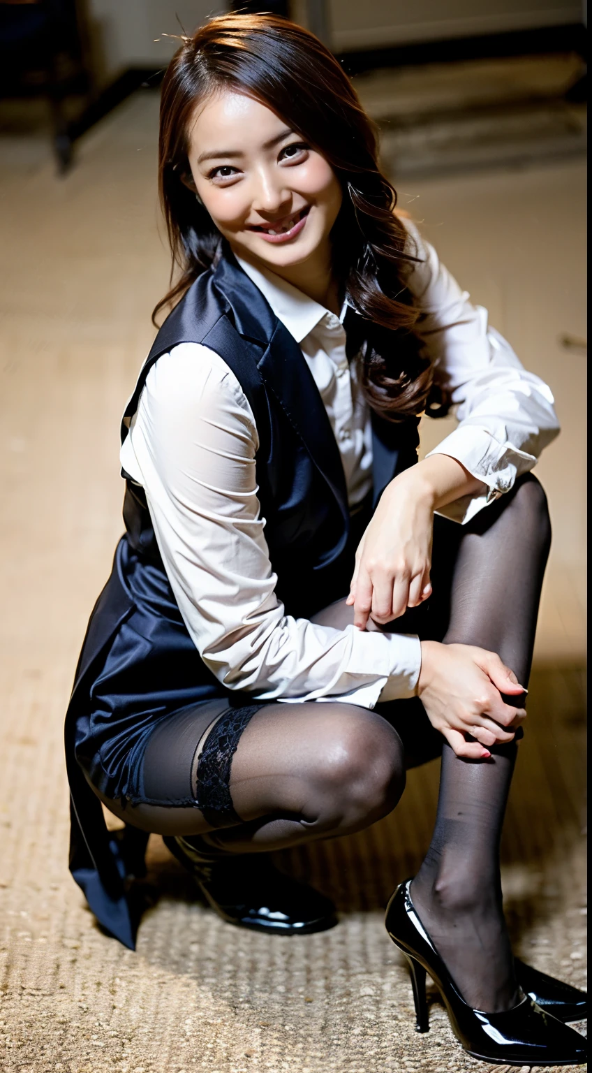 Uruchan-6500-v1.1, (RAW Photos:1.2), (Photorealistic), (Genuine:1.4), １With a girl、Very cute girl、21 years old、game_Hmph,  ((Ultra-realistic pantyhose:1.3)),  ダークブラウンのeye(eye), A shy smile、Plaid vest、Skirt and thighs、Work at an office desk、Curly Hair、Realistic skin texture、Shiny skin、Exposed thighs!!! , Compensate、 (High heels)、(Business services)、(A very loving smile:1.2)、