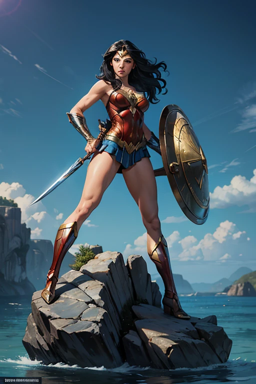 ((fantasy art)), action, heroism, grandeur, power, sensuality, dazzling shadows, expertly detailed, epic, powerful and profound. Wonder Woman from DC Comics is standing on a large rock, Wonder Woman is incredibly beautiful, slender, dynamic pose, action pose, she is holding a sword and shield, her legs are slightly bent, dynamic pose, battle pose, She stares into the camera, Her hair is very long and flowing. Full body, full body body. view from below, she is on top of a large rock, the waves crash against the rock she is standing on, it is raining. Style Jim Lee, Ed Benes, Ivan Reis, Frank Cho. ((best quality)), ((masterpiece)), (high resolution: 1.2), ((best quality)), ((masterpiece)), (high resolution: 1.2)