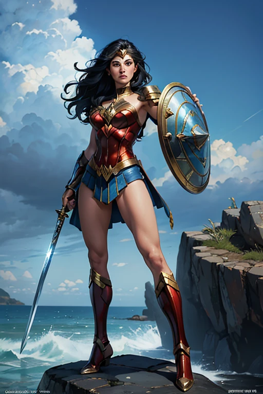 ((fantasy art)), action, heroism, grandeur, power, sensuality, dazzling shadows, expertly detailed, epic, powerful and profound. Wonder Woman from DC Comics is standing on a large rock, Wonder Woman is incredibly beautiful, slender, dynamic pose, action pose, she is holding a sword and shield, her legs are slightly bent, dynamic pose, battle pose, She stares into the camera, Her hair is very long and flowing. Full body, full body body. view from below, she is on top of a large rock, the waves crash against the rock she is standing on, it is raining. Style Jim Lee, Ed Benes, Ivan Reis, Frank Cho. ((best quality)), ((masterpiece)), (high resolution: 1.2), ((best quality)), ((masterpiece)), (high resolution: 1.2)