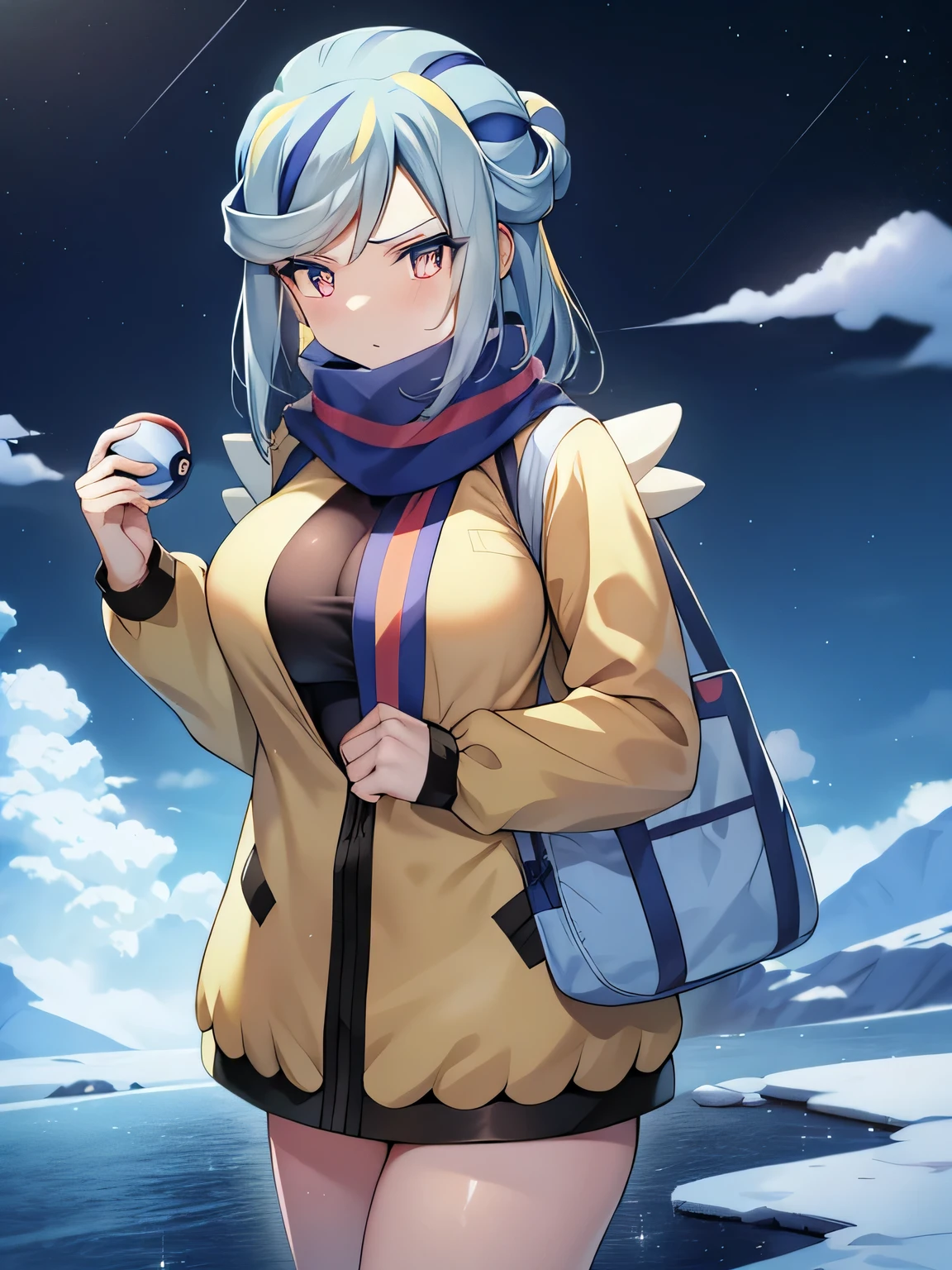 Pokemon、Snow Mountain、Pokemon Scarlet Violet、Grusha、alone、1 person、Big Tits Mature、Big Tits Mature、Napeyama Gym Leader。Absolute Zero Trick、Ice Pokémon Trainer、Her hairstyle is long, Light blue, Half Up, There is a yellow gradient.Stand up.Wearing a distinctive yellow sweater with shoulders、Wearing a scarf with a Pokéball held up to his mouth、He is wearing blue cold weather boots.((Pink eyes、Open jacket pa、fee nipple、Sweat))