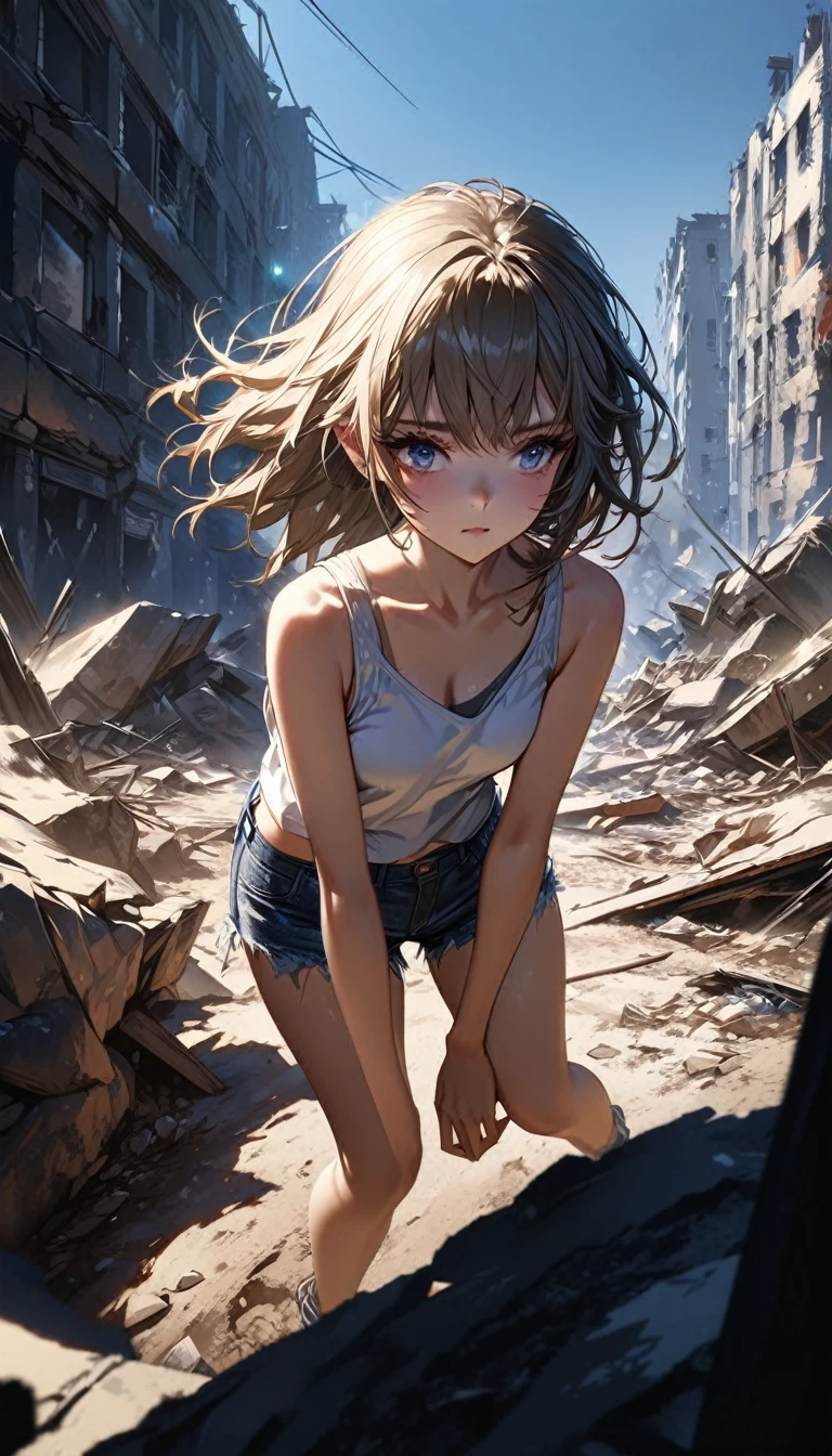 1 girl, ((super detailed, high resolution, super detailed, top quality, amazing, top quality, high detail CG Unity 8k wallpaper, cinematic lighting)), pov, looking away, (full body), A pretty girl is on the battlefield where the survival of humanity is at stake. She is wearing a white tank top and denim hot pants. Her eyes are red. She is crouched and hidden in the shadow of a collapsed building with explosion marks all around her. The girl is fighting bravely alone. She is hiding and waiting for a chance to attack. Cool and stylish.
