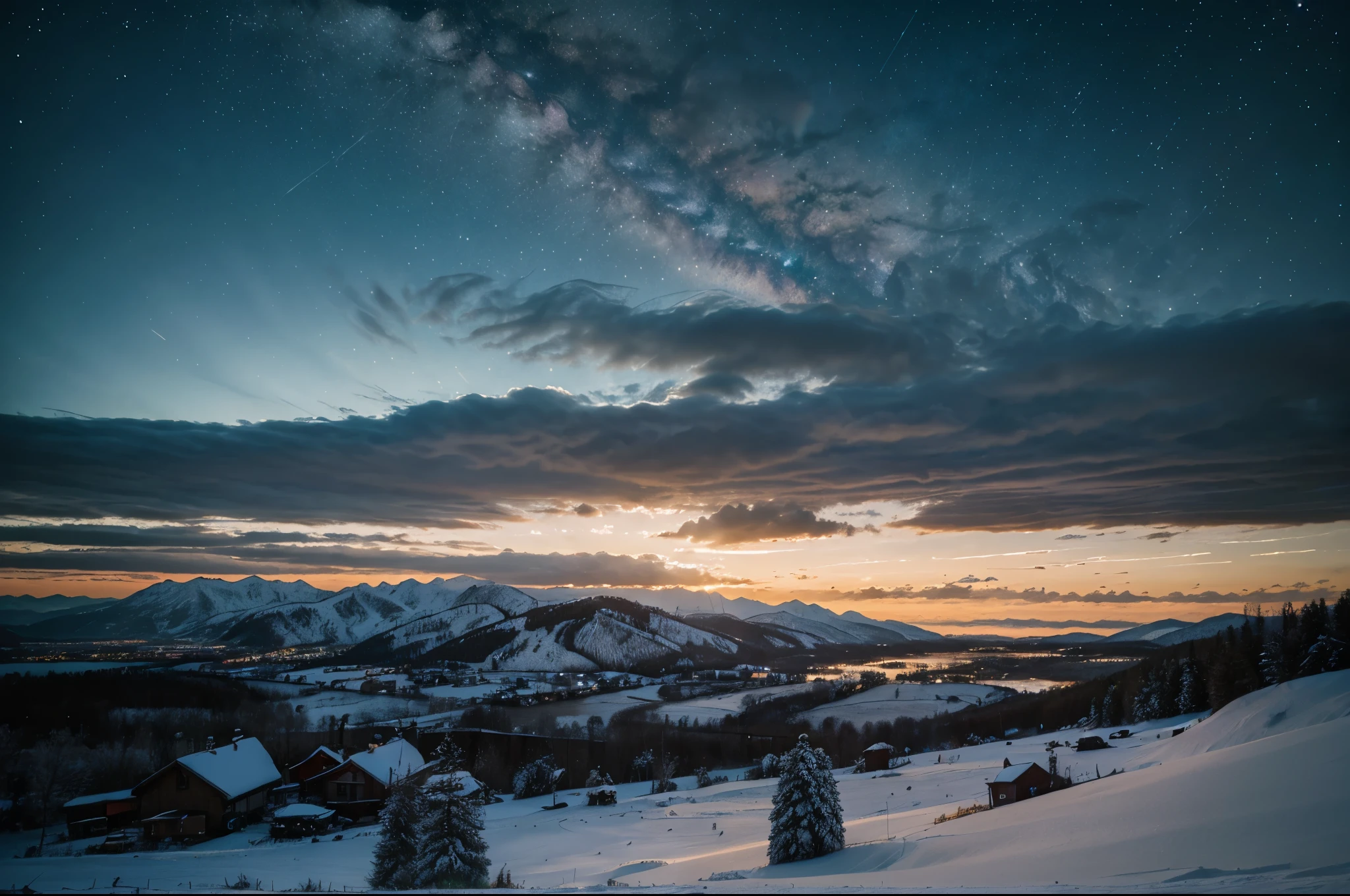 Background, lots of high mountains, lots of clouds, winter sky, seeing constellations, Galaxy, Milky Way, beautiful winter night with small city wallpaper, beautiful lake, high details, realistic 8k full HD.