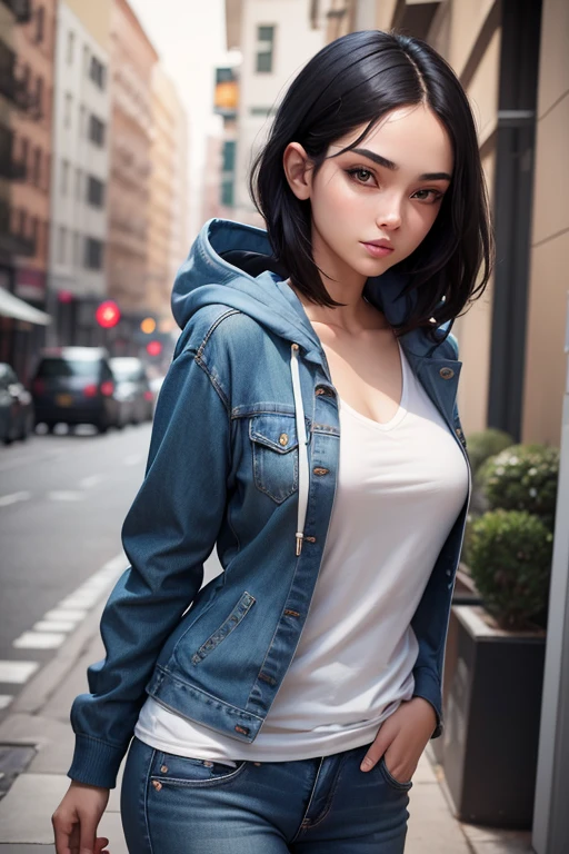 Masterpiece high quality high details realistic face ultra realistic face thin face girl with slender thin figure and short dark black hair till neck wearing blue hoodie and jeans