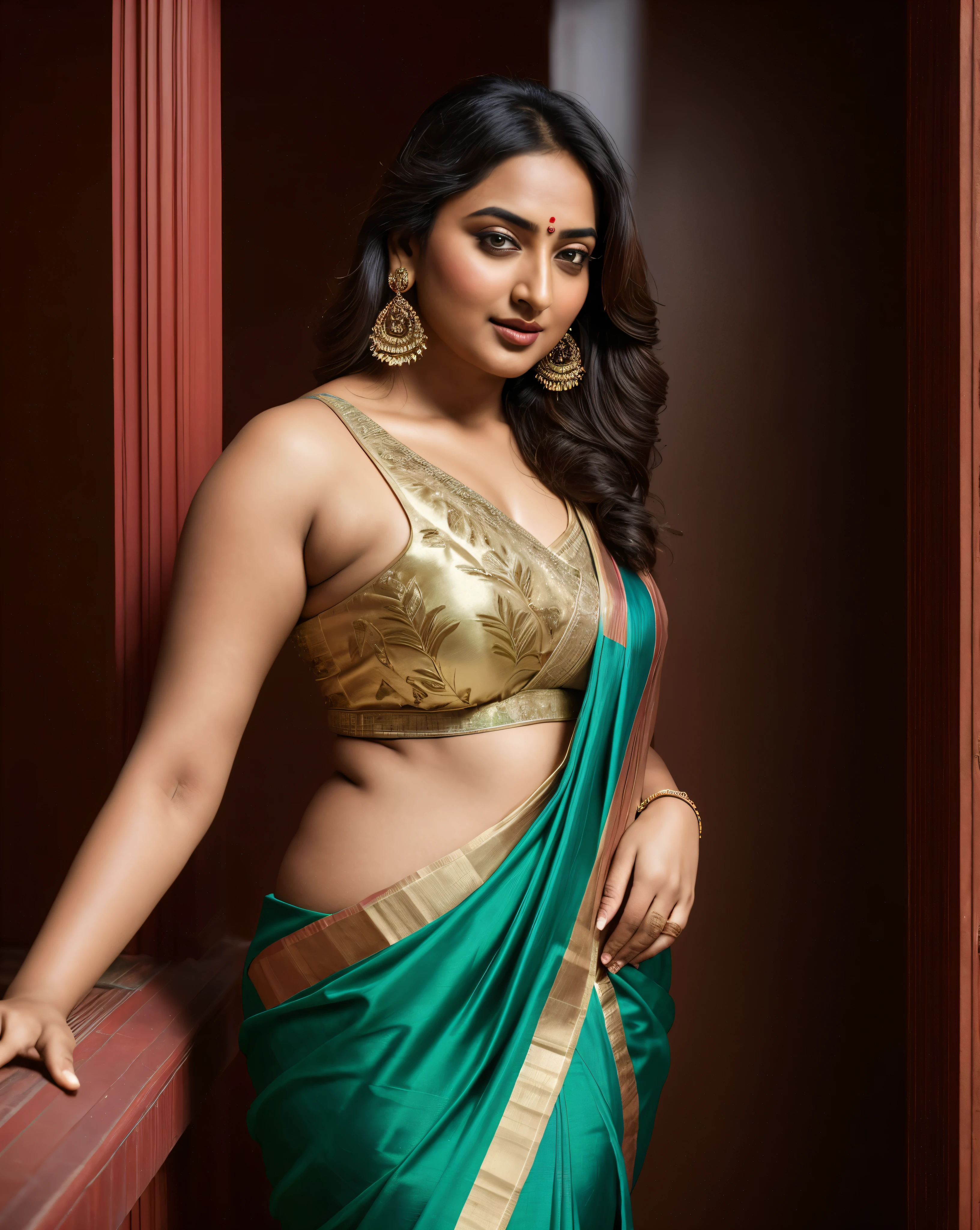 Foto RAW, photorealistic, photography, full body shot, master shot, perfect eyes, goddess like beauty, pierced eyes, perfect thick chubby mallu Desi aunty bhabhi, Wearing a Stanapatta, a chest-band.Saree model, model Photography, Indian saree shoot, Indian traditional wear advertising photography, traditional wear brand shoot, face of Indian actress Sonakshi Sinha, masterpiece, realistic, realism, incredible details, pleasure, photorealism, detailed skin, skin pores, high contrast, photorealistic Artstation 8k HD digital art trend of high definition and detailed realistic skin texture, ultra detail, realistic skin texture, armature, best quality, ultra high definition, (photorealistic:1.4),, high resolution, detail, raw photo, sweat, Re sharp, by Lee Jefferies Nikon D850 Film Stock Photo 4 Kodak Portra 400 Camera F1.6 Lens Rich Color Ultra Real Realistic Realistic Textures Dramatic Lighting Unreal Engine Trending at Art Station Cinestill 800,(pele altamente detalhada: 1.2), 8k UHD, DSLR, soft-lighting, alta qualidade, grain of film, Fujifilm XT3,she didn't like to wear blouse or bra, she is happy to wear only saree, she hates blouse or bra, detailed hairy armpits, hyper realistic skin, skin pores, sweat, veins,