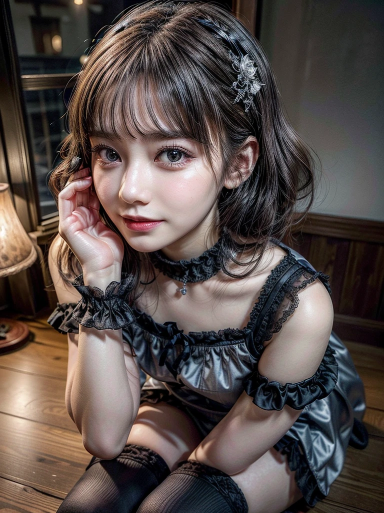 (8K, Photorealistic, Raw photo, of the highest quality: 1.3), (1girl in), Super beautiful, (Realistic face), (boyish, Silver Color Berry Shorthair), Beautiful , Glare that captivates the viewer, Beautiful expression, Beautiful breasts, (Realistic skin), Be...Super high quality, super high definition, super detailed, masterpiece, 20years old, female, cute, perfect face, beautiful, nice body, gothic lolita clothes, gothic lolita fashion, frilly skirt, headdress, necklace, bracelet, knee-high socks, boots, double eyelids, tear bags, Detailed down to the fingers, photo-like description, indoors, dim indoor lighting, black hair, short bob, standing, whole body, composition that shows the whole body, smiling