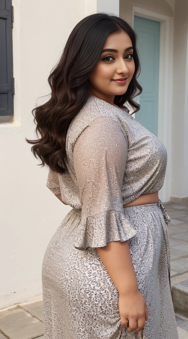 monali thakur Indian beautiful actress curvy plus size hour glass bulky figure woman, closeup camera view, wearing SHEIN JORESS Plus Size Leisure Vacation Leopard Print Floral Ruffle Sleeve Shirt SKU: sz2404036646994057 GBP£7.99 GBP£8.49 -6% Including VAT shein club logo Save GBP£0.40 off this item after joining. Color: Multicolor, different style hairstyle, bright eyes, thin eyebrows, fair skin, blushing cheeks, prefect head to toe view, full body view, Greek Seaside Village: A picturesque village by the sea with white buildings, blue domes, and coastal beauty., smile face, black hair, Indian face, perfect skin tone light, ultra realistic skin texture