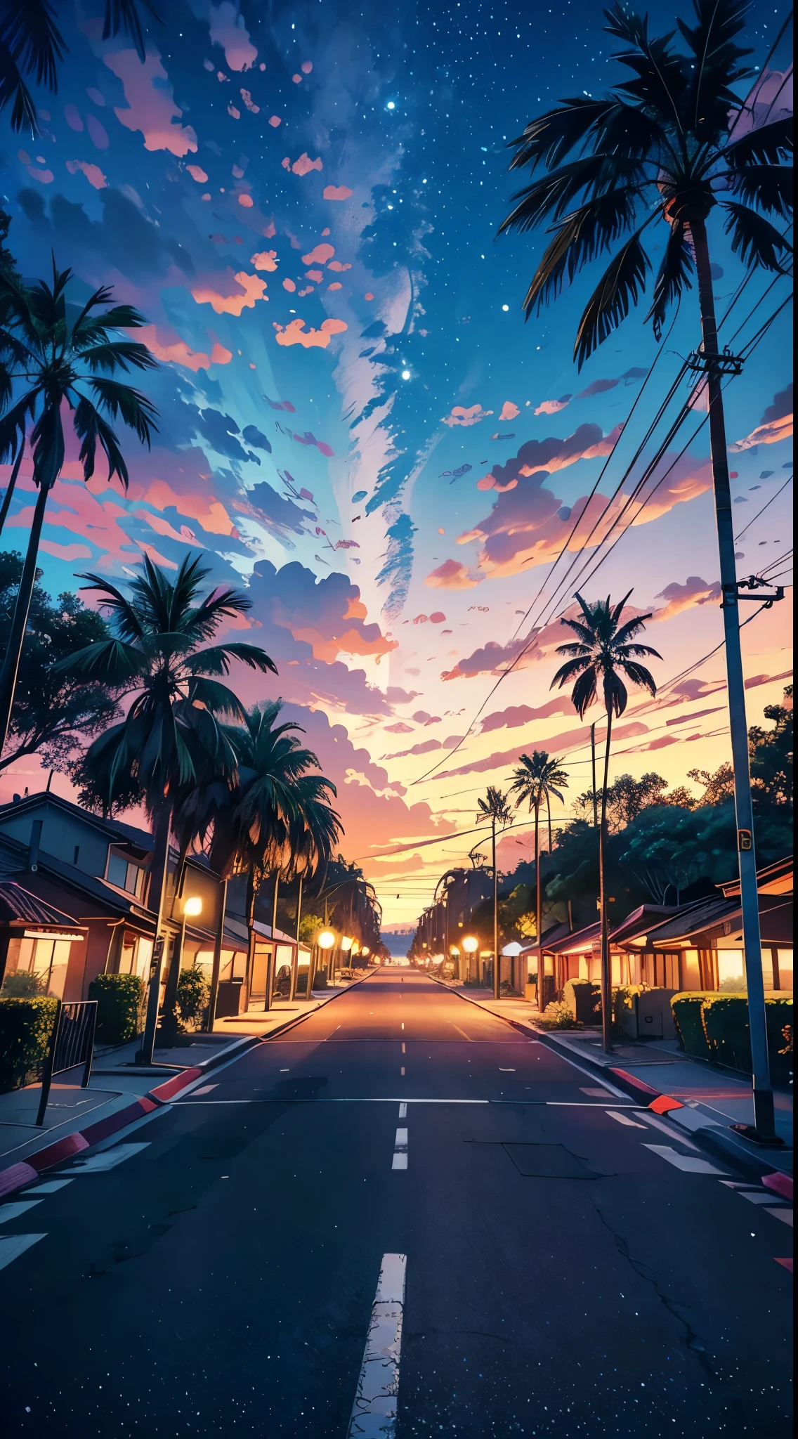 This image features a view from the driver’s perspective on a Beverly hills road lined with tall palm trees under an extraordinarily vibrant and surreal sky. The sky is a magnificent display of pink and purple hues, interspersed with what looks like a starry night, possibly enhanced through digital editing to create a dreamlike effect. The road is relatively empty, bordered by parked cars and lush greenery on one side