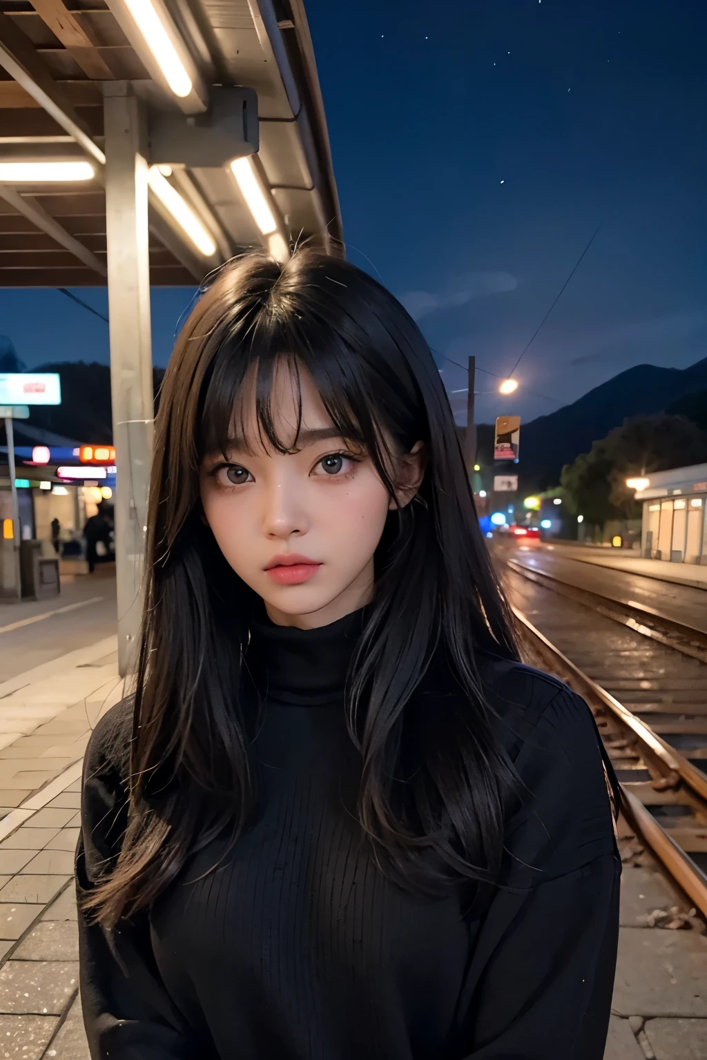 A beautiful woman. Detailed drawing of the face. Beautiful double eyes. The bridge of my nose. Well-shaped lips. Twenty years old. Her bangs are down and her hair is black. She is standing on a deserted station platform at night. He has a serious expression on his face. A masterpiece.