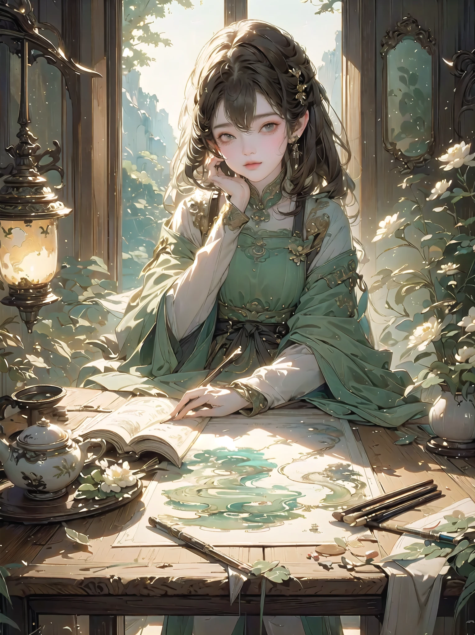 A girl sitting at a wooden desk, enjoying a cup of aromatic tea, with steam gently rising from the cup. Her delicate fingers are wrapped around the warm porcelain, adding a touch of elegance and serenity to the scene. Her eyes reflect the soft natural light streaming in through a large window, creating a warm glow on her face.
The desk is cluttered with art supplies, showcasing her creative spirit. Pencils, brushes, and watercolor palettes are scattered across the surface, hinting at the artistic endeavors happening in this serene setting. The wooden texture of the desk adds a rustic charm, contrasting with the modernity of the surrounding environment.
Looking beyond the window, a picturesque view unveils itself. It is a cinematic scene — rolling hills covered in lush green vegetation, a tranquil lake mirroring the azure sky, and vibrant flowers blooming in harmony. The landscape exudes a sense of peace and tranquility, inviting the viewer to immerse themselves in nature's beauty.
The lighting is perfect, casting soft shadows and creating a gentle play of light and dark. It enhances the overall atmosphere, adding depth and dimension to the composition. The light delicately highlights the girl's face, accentuating her features and evoking a sense of tranquility and contentment.
The composition of the scene is carefully thought out, with the girl positioned off-center, creating a visually appealing balance. The rule of thirds is expertly employed, drawing the viewer's attention to the main subject while harmoniously incorporating the surrounding elements.
As for the art style, it is realistic and detailed, capturing every intricate brushstroke and delicate color variation. The medium used could be oil painting or even a stunning 3D rendering, enhancing the overall aesthetic quality and immersing the viewer in the beauty of the artwork.
The color palette is serene and soothing, with a focus on earthy tones and pastel hues. Soft greens, warm browns, and delicate p