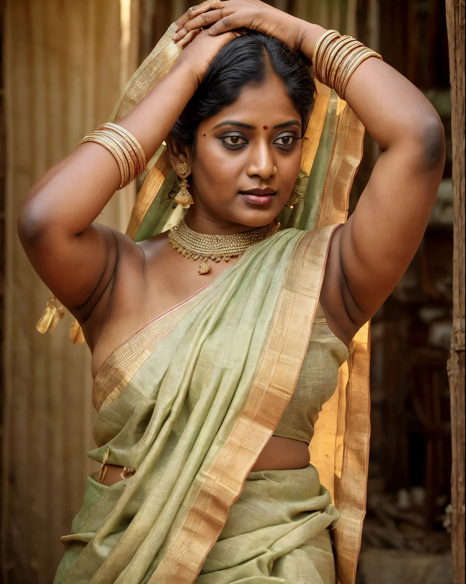 Looks like Indian Actress Ester Noronha, An Extremely gorgeous and beautiful Bengali village woman, 45 yo, pale white skin, sensual appealing body, perfect thick and chubby Beauty, wearing saree bare-chested, wearing a Bengali-style saree without a blouse,, ethnic vintage bengali village woman, bengali style saree, The sari was worn without a blouse and petticoat before the British Raj, baring one's chest or being blouseless,  Bengalis a.k.a. Bongs are known for their unique Bengali fashion sense (the way they don that sari makes you go wow), Pre British Raj, Pre colonial era, Bengali Woman draping sari without blouse is a normal thing in pre British Era, bong woman, wearing kajal or kohl or kajol in eyes, 