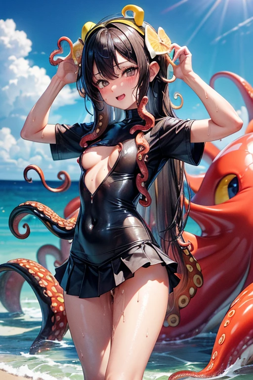 Browsing Caution, (Best image quality,highest quality,Highest Resolution, Ultra-Realistic Images,Very detailed,masterpiece), Browsing Caution, nude, , inhibition, Tentacles, (((Sticky with sweat))), ((octopusのTentacles)), (((octopus))),((mini skirt, Bodysuits)),(((My clothes were sticky with mucus.))),(Happy ahegao),(Black Hair),(Sandy Beach),((Clothes are torn)),Browsing Caution