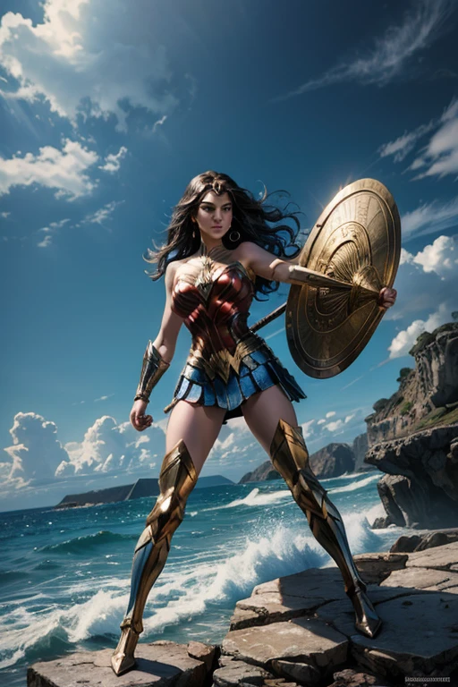 ((fantasy art)), action, heroism, grandeur, power, sensuality, dazzling shadows, expertly detailed, epic, powerful and profound. Wonder Woman from DC Comics is standing on a large rock, Wonder Woman is incredibly beautiful, slender, dynamic pose, action pose, she is holding a sword and shield, her legs are slightly bent, dynamic pose, battle pose, She stares into the camera, Her hair is very long and flowing. Full body, full body body. view from below, she is on top of a large rock, the waves crash against the rock she is standing on, it is raining. Style Jim Lee, Ed Benes, Ivan Reis, Frank Cho. ((best quality)), ((masterpiece)), (high resolution: 1.2), ((best quality)), ((masterpiece)), (high resolution: 1.2)