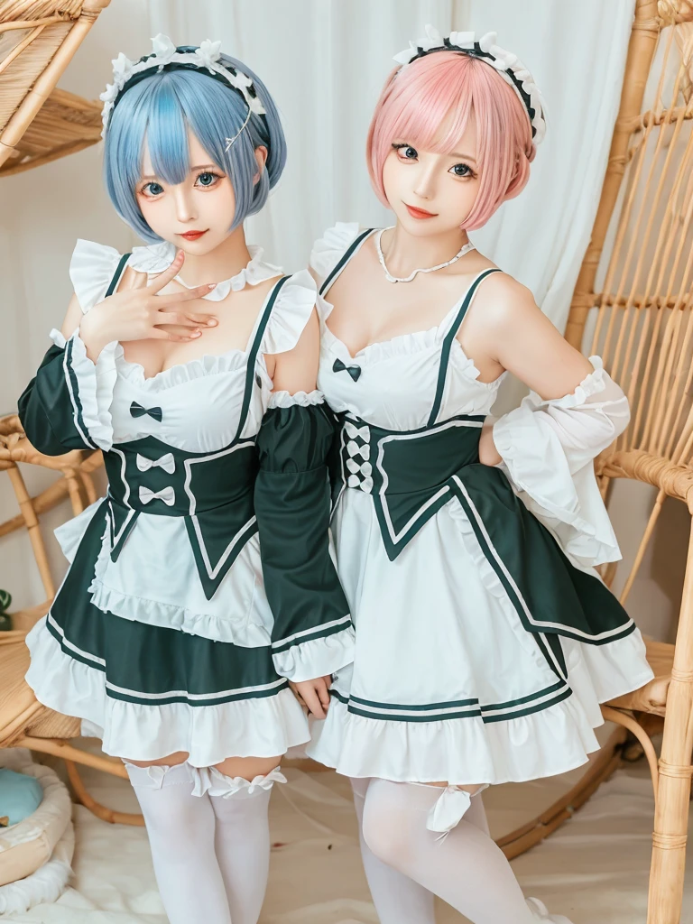 Accurate depiction with high resolution,(8K, Photorealistic, Raw photo, of the highest quality: 1.3), (1girl in), Super beautiful, (Realistic face), (boyish, pink Color Berry Shorthair), Beautiful , Glare that captivates the viewer, Beautiful expression, Beautiful breasts, (Realistic skin), Be...Create a detailed and colorful image of Ram and Rem from Re:Zero, standing back-to-back in their maid outfits, with a magical fantasy background、14years old, two girls,cute, perfect face, beautiful, nice body, gothic lolita clothes, gothic lolita fashion, frilly skirt, headdress, necklace, bracelet, knee-high socks, boots, double eyelids, tear bags, Detailed down to the fingers, photo-like description, indoors, dim indoor lighting, one girl is pink hair and short bob, another girl is light blue hair and short bob,standing,whole body, composition that shows the whole body, smiling,The Both of them are wearing the same type of maid outfit,Optimal ratio of 4 fingers and 1 thumb,walking