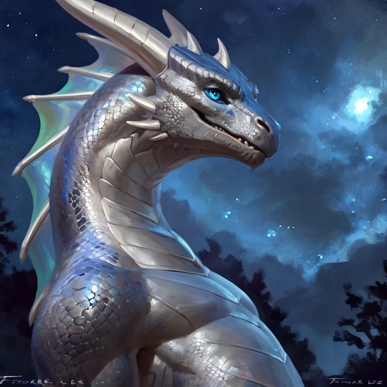 Detailed painting, by Taran Fiddler, solo, dragon, full body, feral, night time, silver white scales, iridescent scales, sleek body, rounded features, blue eyes