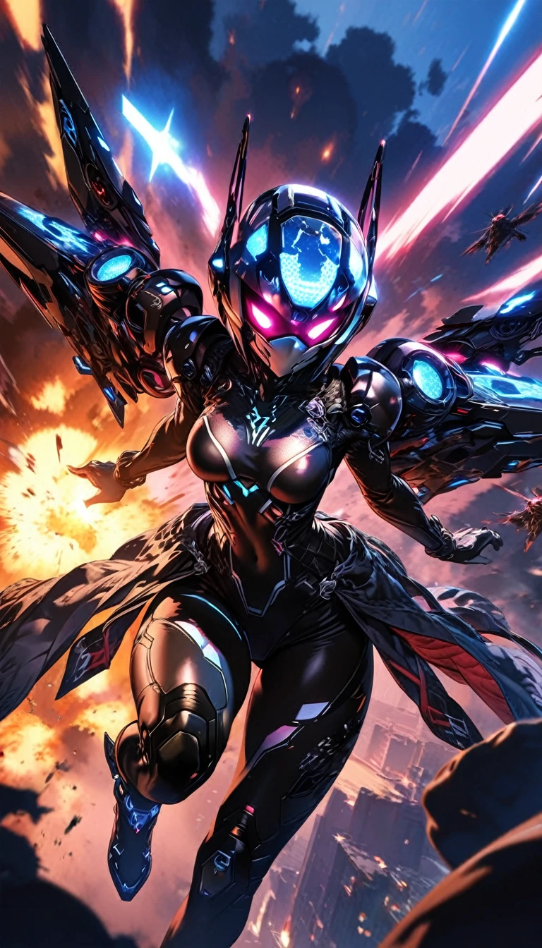 1 girl, ((super detailed, high resolution, super detailed, top quality, amazing, top quality, highly detailed CG Unity 8k wallpaper, cinematic lighting)), pov, (full body), large drone type aerial viewer. Many kinds of drones flying in the sky. They challenge humans in a dynamic battle. There are explosion marks all around her, cool and stylish.