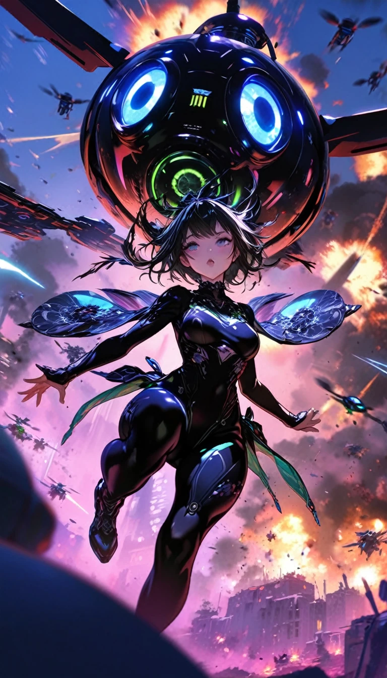 1 girl, ((super detailed, high resolution, super detailed, top quality, amazing, top quality, highly detailed CG Unity 8k wallpaper, cinematic lighting)), pov, (full body), large drone type aerial viewer. Many kinds of drones flying in the sky. They challenge humans in a dynamic battle. There are explosion marks all around her, cool and stylish.