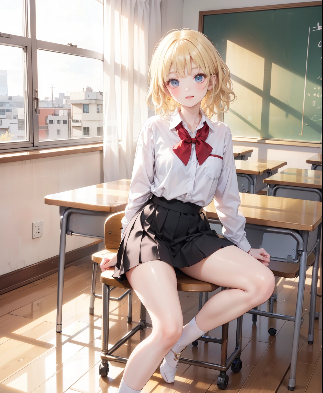 Dynamic posing, dynamic angle, Arrange pose,Top quality work,Show Legs,((short wavy Creamy Golden Blonde hair)),(Creamy Blonde hair),(short hair),(wavy hair),(golden eyes), ( ), lovely red lips, Rose cheeks, Pretty Face, A perfectly proportioned face, school shirt with red bow and black skirt, (school uniform), white stockings,in classroom,full-body view, amazing, Large round chest、Beautiful eye details、Beautiful eyelashes、beautiful double eyelid, with blush cheeks, talking to viewer, anime vtuber full body model, casual real life,