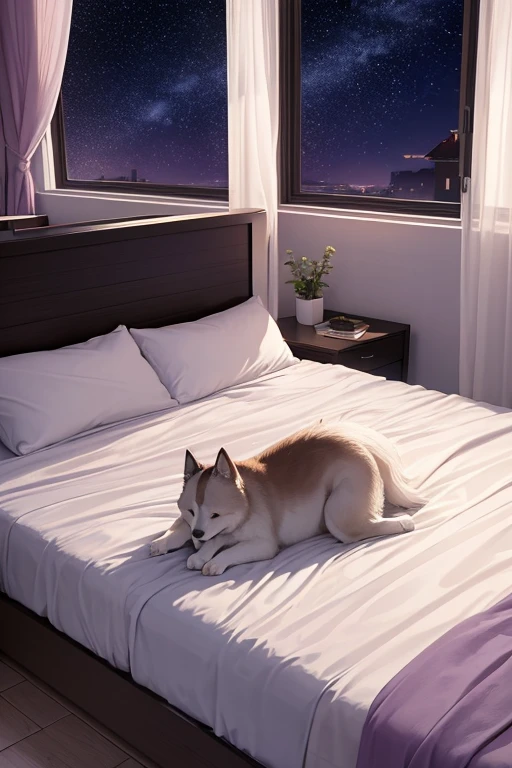 *Details of the image you want to generate**
- background: Purple room with starry sky view - Furniture: bed（Calm design）
- Pets: Fluffy dog（bedの上に座っている）
-atmosphere: A calming and iconic atmosphere

**Other elements**
- 部屋のインテリアはシンプルでモダン
- bedは柔らかく、The sheets and pillows are in warm colours - with a starry window view

**Specific requests**
- Purple background - Soft indirect lighting in the room - The dog is friendly and relaxed pose Actual request example、For MidJourney, enter the following:：

plaintext
コードをコピーする
A cozy room with a purple background, featuring a bed with warm-toned sheets and pillows, a fluffy dog sitting on the bed, and a window showing a starry night sky. The room has a calm and serene atmosphere with soft indirect lighting. The interior is simple and modern.
Want to be more specific? Copy the plaintext codeCreate an image of a cozy bedroom with a purple background. The room should have a modern and simple design, featuring a comfortable bed with warm-toned sheets and pillows. There should be a fluffy dog sitting on the bed. A large window shows a starry night sky, adding to the calm and serene atmosphere. Soft indirect lighting should illuminate the room.