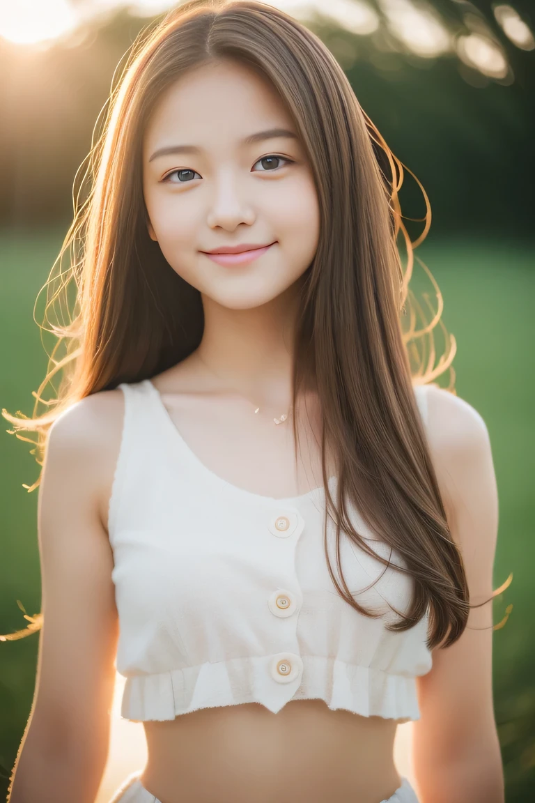 Teen Girls、drill hair、Brown hair、A slight smil、cute little、((top-quality、8K、masterpiece:1.3))、sharp focus:1.2、An ultra-high picture quality、top-quality、masterpiece、natural soft light、The upper part of the body、the setting sun