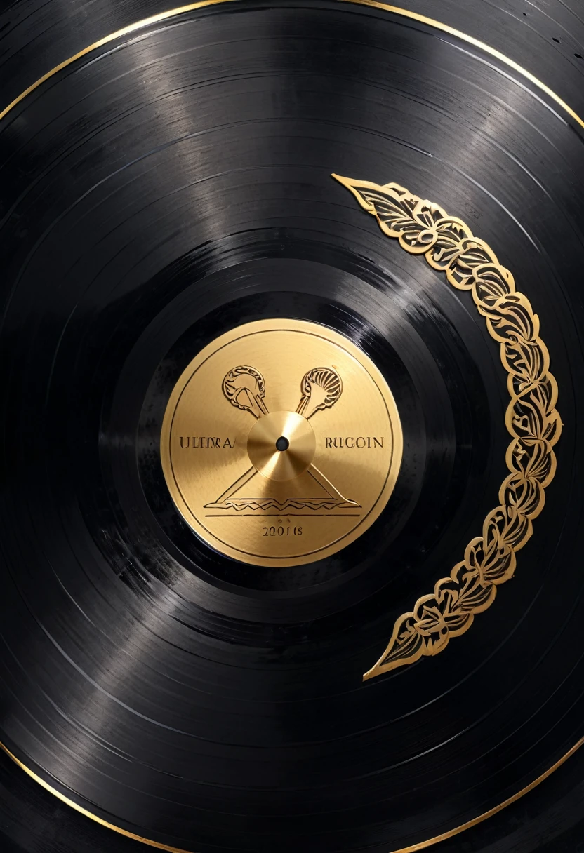 Golden Trophy background, Black vinyl record, (masterpiece, best quality, Professional, perfect composition, very aesthetic, absurdres, ultra-detailed, intricate details:1.3)