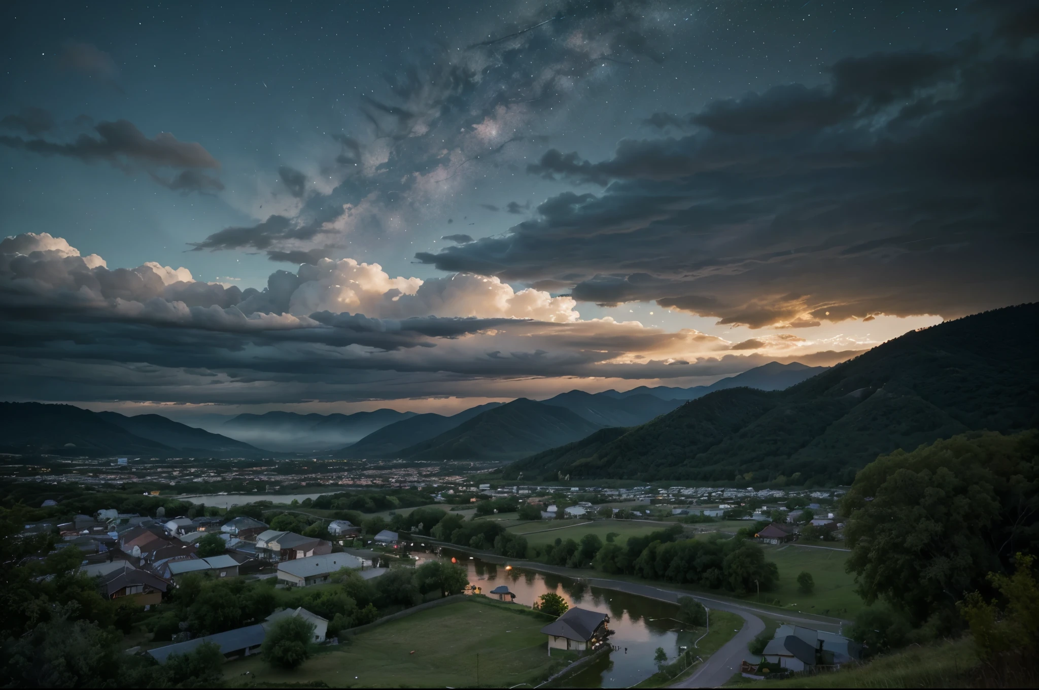 Background of many high mountains, lots of clouds, rainy season, overcast sky, seeing the galaxy constellations, the Milky Way, beautiful at night, rainy season with wallpaper of a small town next to a beautiful lake, high details, realistic 8k full HD.