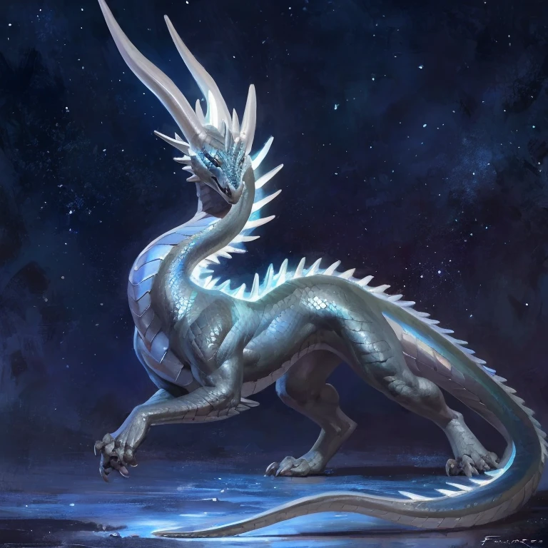 Detailed painting, by Taran Fiddler, solo, dragon, full body, feral, night time, silver white scales, iridescent scales, sleek body, soft rounded features, graceful, blue eyes