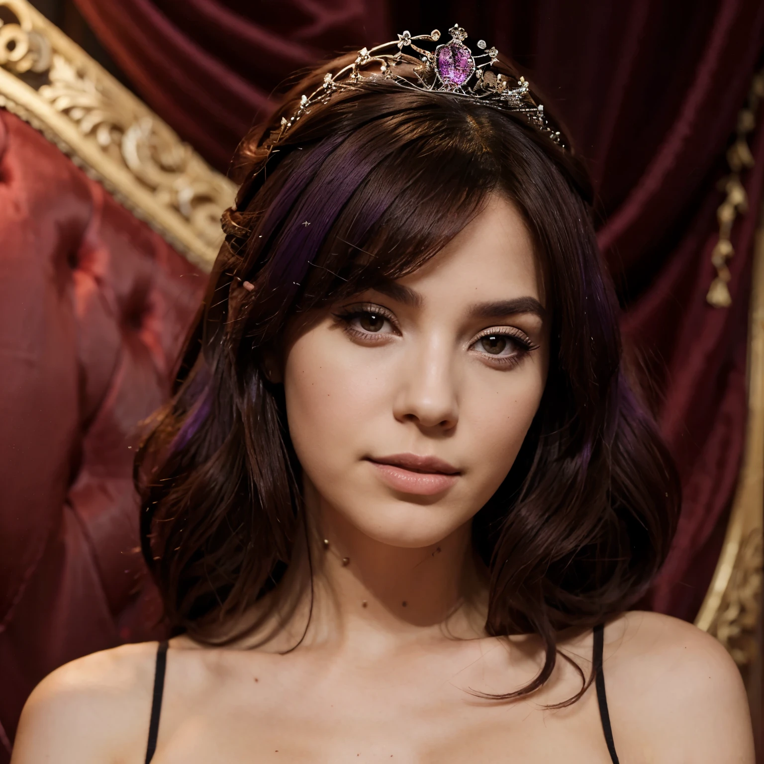 Una reina arquera, con el pelo morado,alta,