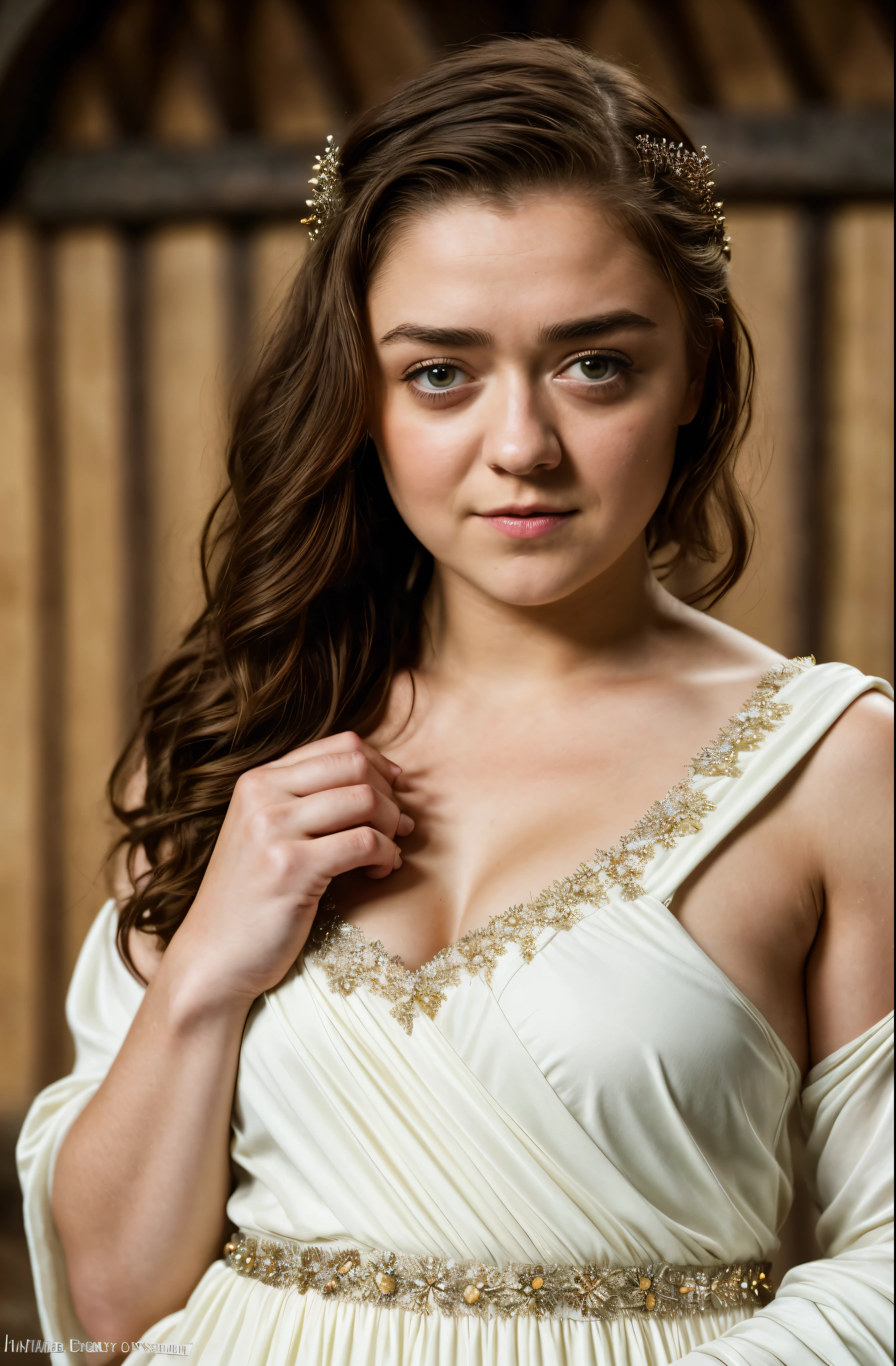 Foto RAW, Arya Stark, Stunning Beauty, Ravishing, Enchantress, Extremely gorgeous lady, Arya Stark PLAYED BY MAISIE WILLIAMS, Queen Arya Stark, she  a mature woman now, milf, sexy mediaeval battle dress, gladiator woman, body, 40 years old Woman, Roman slave dress, cotton dress, busty mediaeval costumes, body revealing costumes, perky breast, big natural breast, erotic costumes, lusty physique, seductive figure can capture every people's attention, Game of thrones costumes, revealing captivating figure, Mediaeval costumes, revealing clothes, A tomboy, she would rather fence than dance, warrior queen , game of thrones screen caps, Game of Thrones Series, (pele altamente detalhada: 1.2), 8k UHD, DSLR, soft-lighting, alta qualidade, grain of film, Fujifilm XT3, flawless picture, highly detailed, detailed Beauty, intricate, 32k, sharp picture,