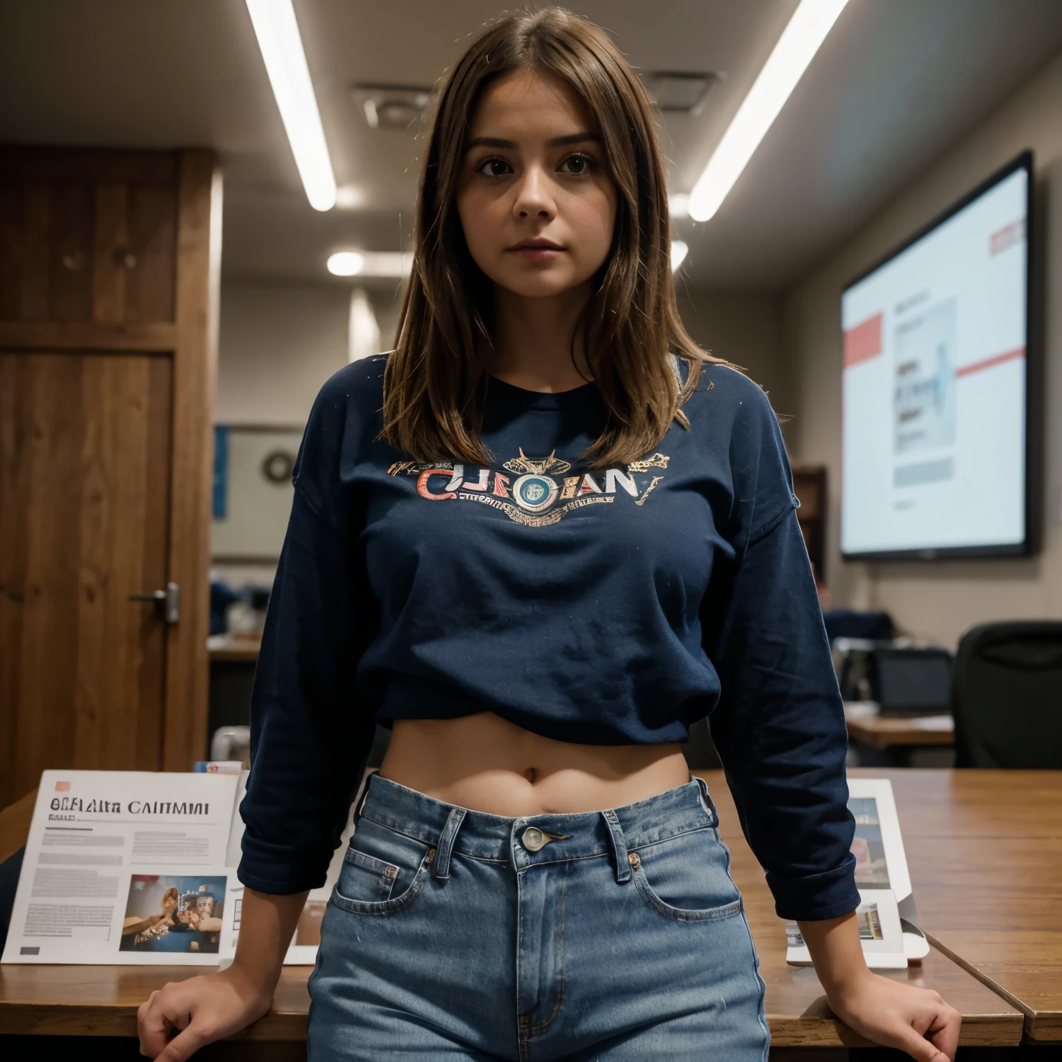 foto de Jenna Coleman sentada em um painel na Comic-Con, (vestindo jeans e uma camisa justa),(decote), extremely alta qualidade RAW photograph, fundo detalhado, intricado, Detalhes e texturas requintados, Altamente detalhado, fotografia ultra detalhada, warm lighting, art station, 4K, sharp focus, high resolution, pele detalhada, olhos detalhados, 8k hd, dslr, alta qualidade, film grain, Fujifilm XT3,