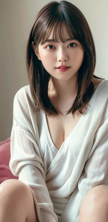 (8k), (highest quality: 1.2), (Realistic), (Realistic: 1.37), Ultra-high resolution,RAW Photos、 1 girl, Head to knee photo、cute, smile, Mouth closed, Beautiful details, Beautiful Nose, whole body, Wet Hair, Giant Dulcefo, pork, , (Small breasts)、Flat Chest、Breast like a 、A tight white blouse that clings to her breasts and a grayish cardigan、Nipples are visible through the、Voluptuous thighs、Odd Eye、Heterochromia iridis