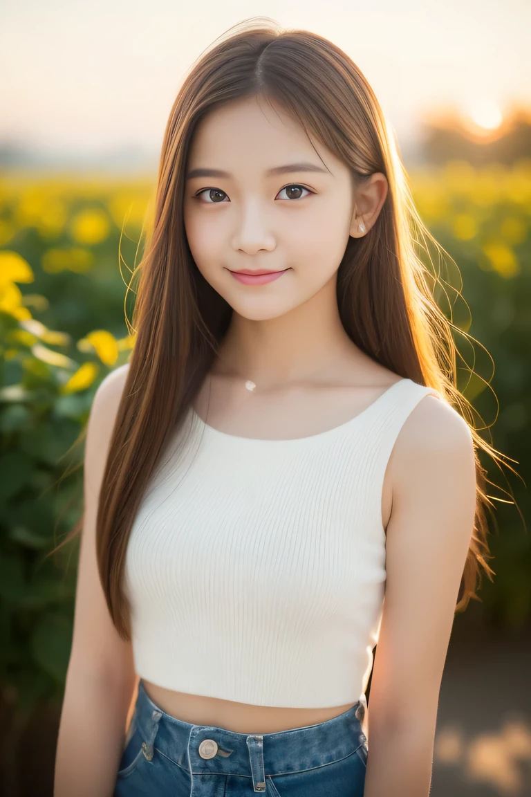 Teen Girls、drill hair、Brown hair、A slight smil、cute little、((top-quality、8K、masterpiece:1.3))、sharp focus:1.2、An ultra-high picture quality、top-quality、masterpiece、natural soft light、The upper part of the body、the setting sun, gardenia,