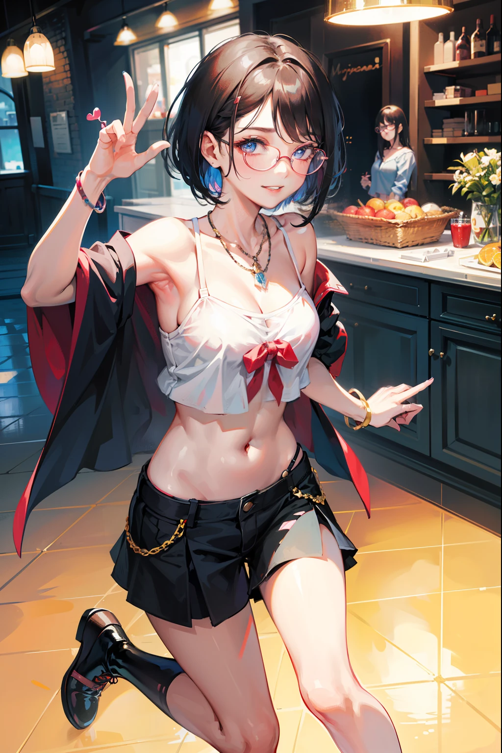 1girl, masterpiece, best quality, ultra detail, short straight black hair, pink lips, blue eyes, smiling, red cheek, looking at viewer, young, necklace, medium breasts, glasses, bare shoulders, midriff, crop top, 5 fingers, sexy legs
