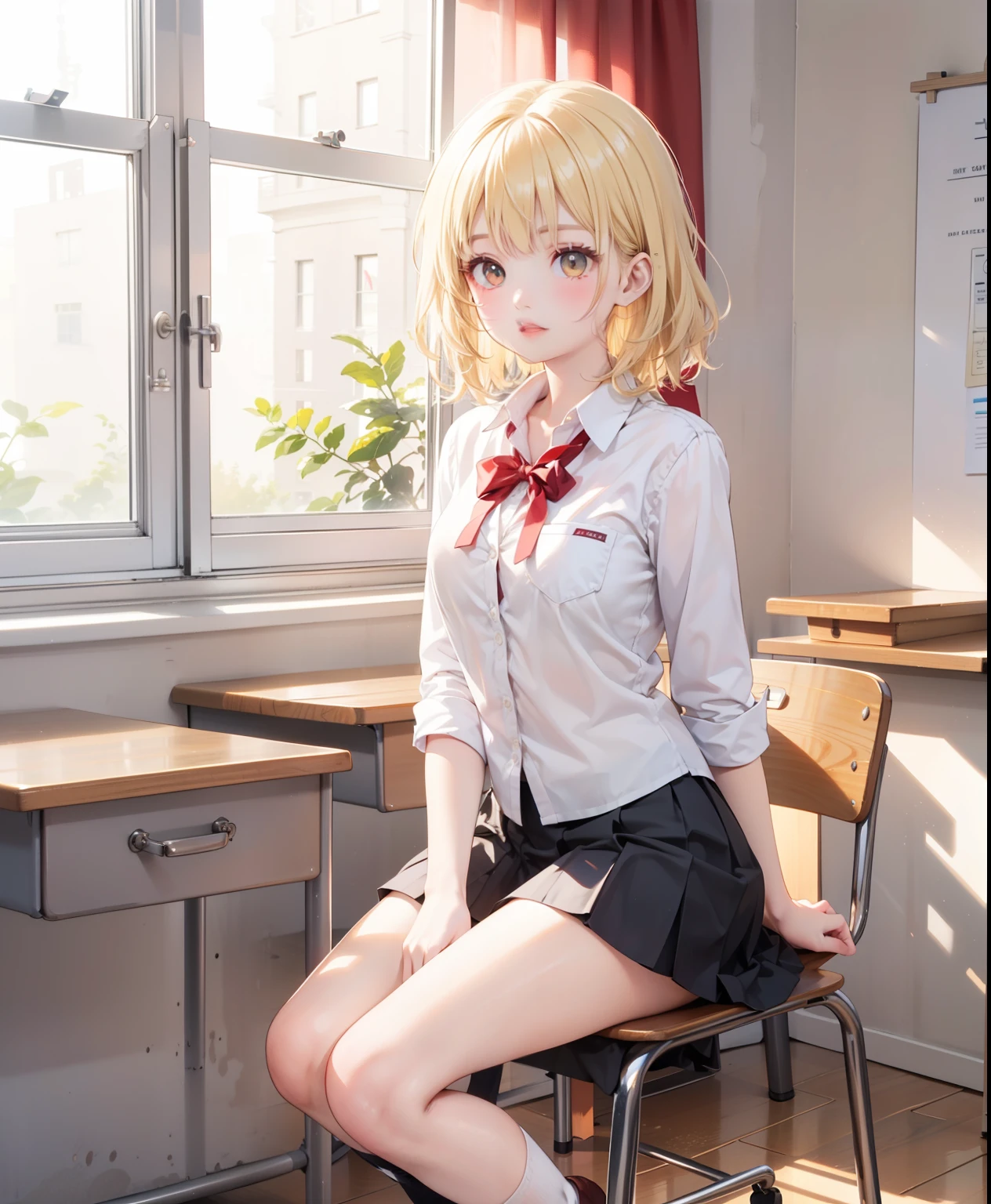 Dynamic posing, dynamic angle, Arrange pose,Top quality work，Show Legs，((short wavy Creamy Golden Blonde hair)),(Creamy Golden Blonde hair),(short hair),(golden eyes), lovely red lips, Rose cheeks, Pretty Face, A perfectly proportioned face, school shirt with red bow and black skirt, (school uniform),  white stockings，in classroom，full-body view， amazing, Large round chest、Beautiful eye details、Beautiful eyelashes、beautiful double eyelid,  with blush cheeks, talking to viewer