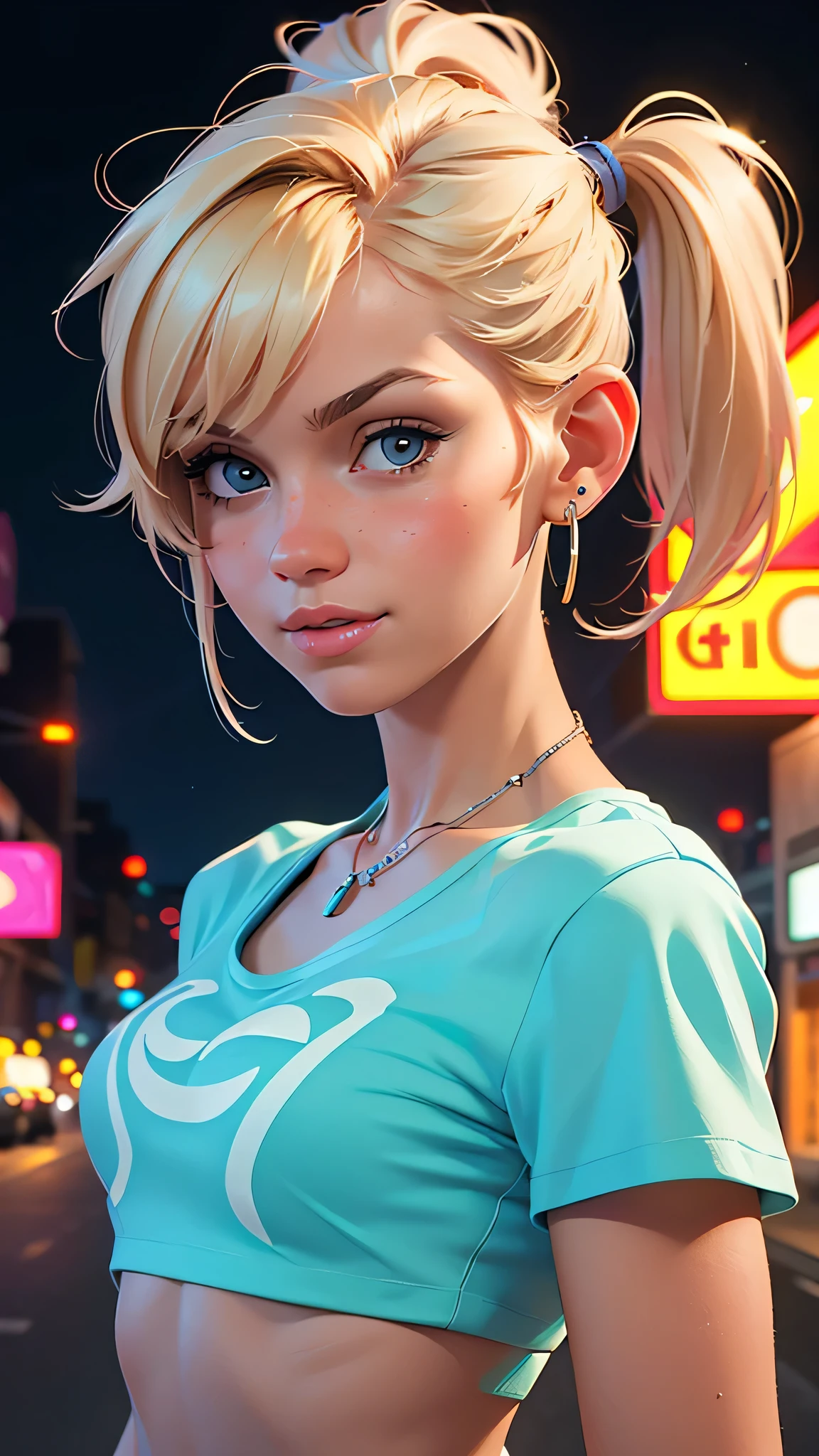 (best quality,4k,highres,ultra-detailed,realistic:1.2), a cheerful 22 year old, small breasts,short blond  hair with a pigtail and bangs,  flat abs, crop cut tee shirt, earrings , necklace out in the street at night, neon lights and advertising, close-up portrait 