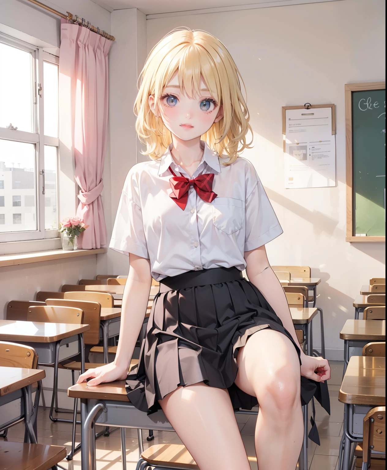 Dynamic posing, dynamic angle, Arrange pose,Top quality work，Show Legs，((short wavy Creamy Golden Blonde hair)),(Creamy Blonde hair),(short hair),(wavy hair),(golden eyes), ( 16 years old), lovely red lips, Rose cheeks, Pretty Face, A perfectly proportioned face, school shirt with red bow and black skirt, (school uniform), white stockings，in classroom，full-body view， amazing, Large round chest、Beautiful eye details、Beautiful eyelashes、beautiful double eyelid, with blush cheeks, talking to viewer, anime vtuber full body model, casual real life