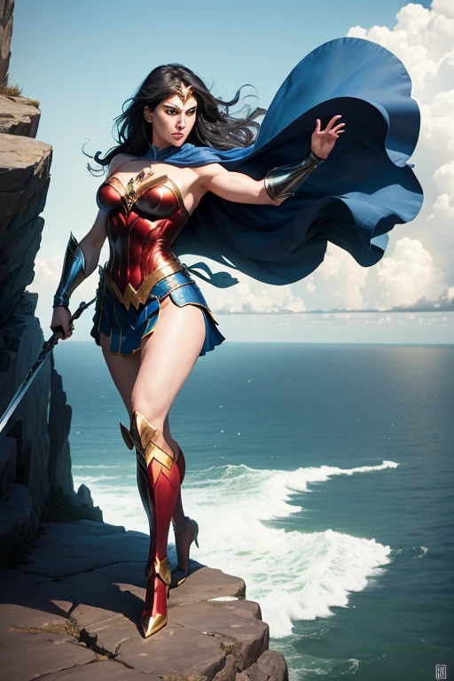 ((fantasy art)), action, heroism, grandeur, power, sensuality, dazzling shadows, expertly detailed, epic, powerful and profound. Wonder Woman from DC Comics is standing on a large rock, she is above us, bottom up view, Wonder Woman is incredibly beautiful, slender, dynamic pose, action pose, she is holding a sword and shield, her legs are slightly bent, dynamic pose, battle pose, she stares at the camera, Her hair is very long and flowing. Full body, full body body. view from below, she is on top of a large rock, the waves crash against the rock she is standing on, it is raining. Style Jim Lee, Ed Benes, Ivan Reis, Frank Cho. ((best quality)), ((masterpiece)), (high resolution: 1.2), ((best quality)), ((masterpiece)), (high resolution: 1.2)