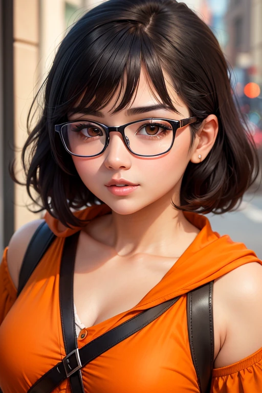 Masterpiece high quality high details realistic face ultra realistic face chubby face girl with medium dark black hair till shoulders wearing orange modest outfit and glasses