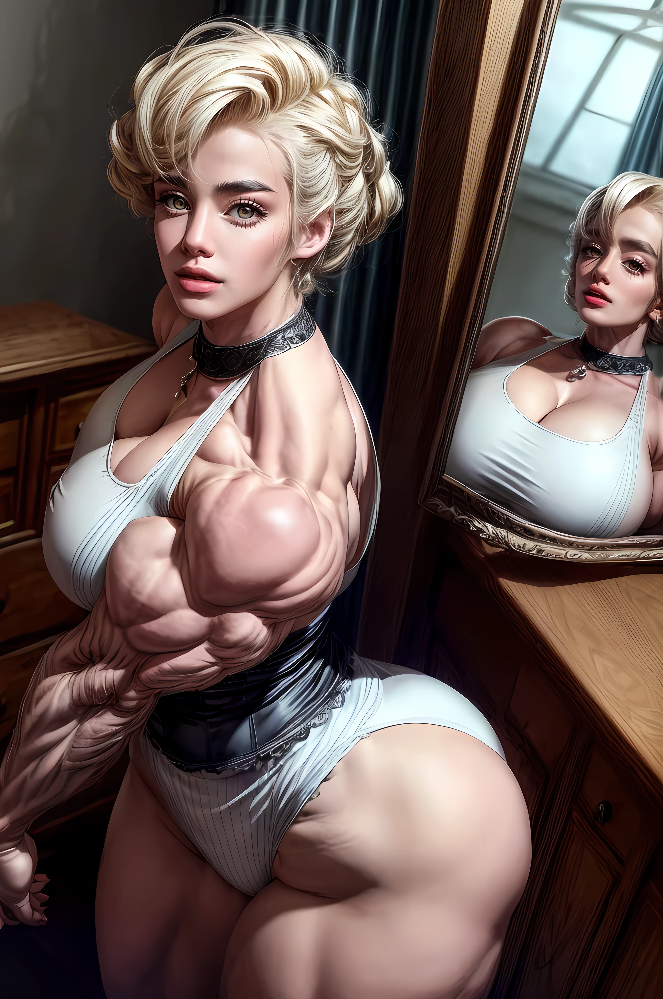 (((1girl))), cute blond german maid full body photography,  photorealistic modern, in the style of ,  Artstation Deviant art Pinterest Cgsociety Behance Pixiv,  sunlight, ((((Massive Female Bodybuilder)))), (((huge muscular ass))), ((wide hips)), (slim waist), (((wide shoulders))), ((victorian maid outfit)), very huge , cleavage, thick tighs, kitchen background, young face, smooth and pale skin, (marylin monroe haircut), blue eyes,  intricate scenery HDR post-processing 4k cinematic fine details very detailed trending on artstation