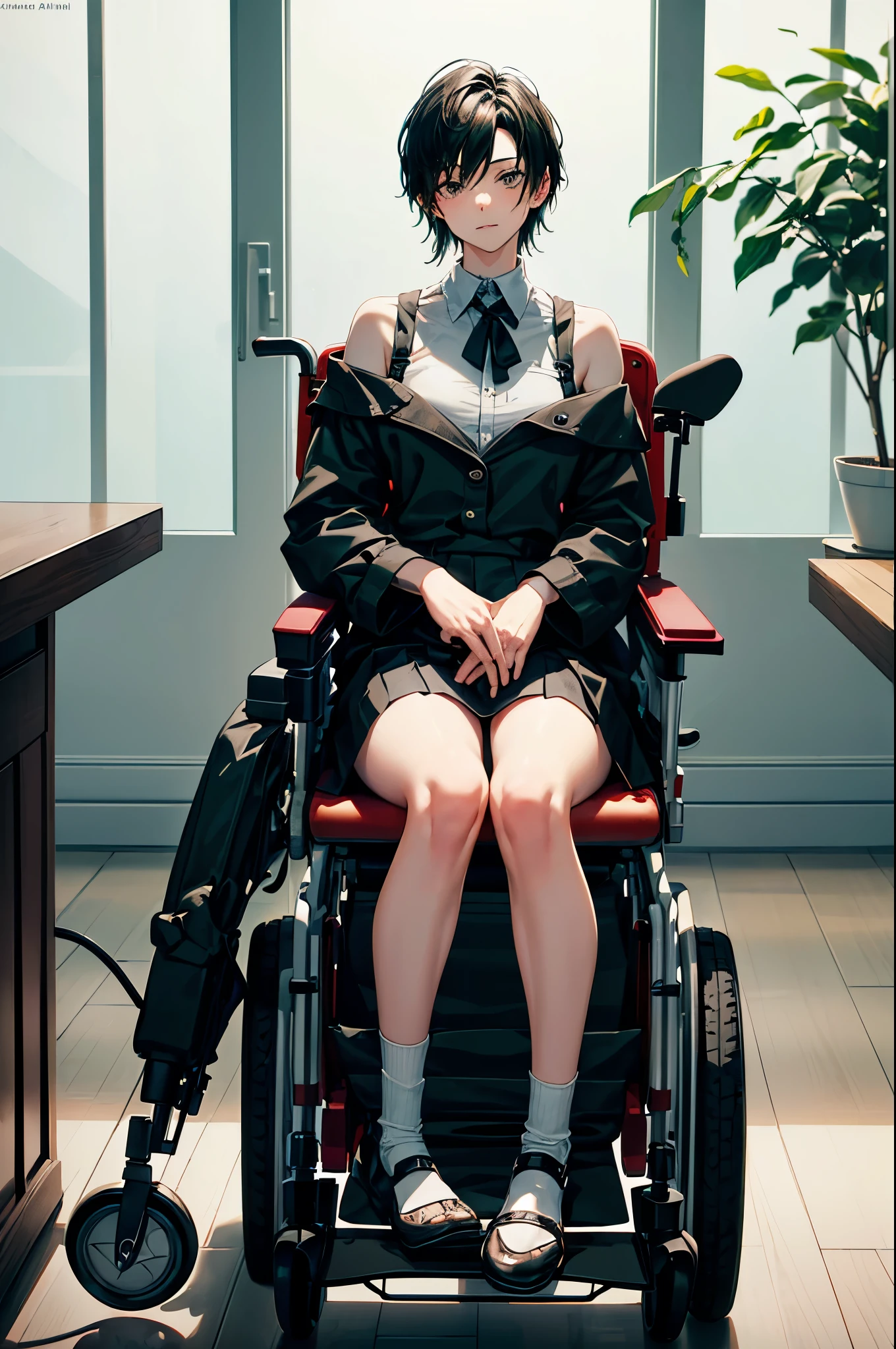 (Super detailed, realistic), hospital scene, [Moderately:Oil], [Professional:1.1], [Physically based rendering], [bright colors], [sharp focus], [studio lighting], [extreme details], [highest quality,4k,8K,High resolution,masterpiece:1.2],(detailed face),inside the house,inside the room,((One 18-year-old boy,femboy,trap)),(short black hair),(dark), [nervous eyes],(casual ladies fashion,off shoulder,skirt,socks,),((ride in an electric wheelchair)),((operate a power wheelchair))
