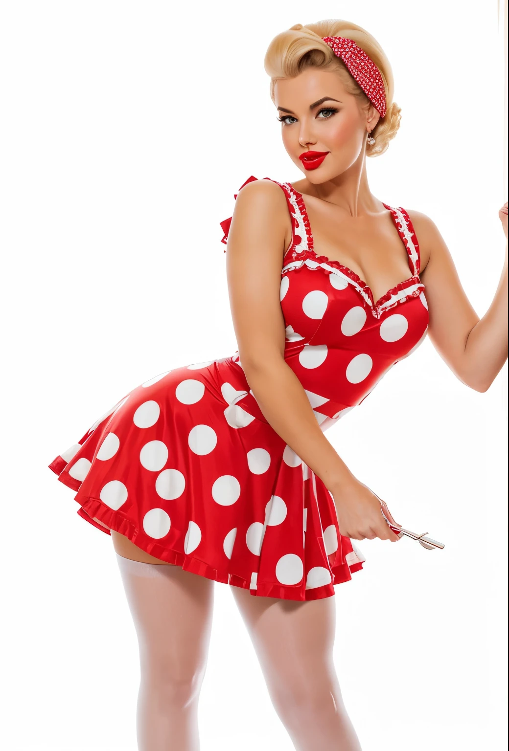 Full length photo of a girl holding a gift in her hand. realistic 35 year old sexy emotional blonde. Her lips are slightly tubular. Squinted gaze, laughs, adding mystery and sexuality. She touches her feet with surprise, taking a sexual position. The model is made in pin-up style with hair styled in victory rolls style. She has plump sexy red lips, she has average breasts and blows a sexy kiss. She portrays an American housewife, posing with a gift in various sexual positions. Her very short hair and open mouth give her the look of a pin-up girl.. She is on a white background, red retro dress with large polka dots with fluffy, voluminous ballerina skirt bouffant dress. red retro bouffant dress with polka dots in pin-up style with large polka dots, a fluffy, voluminous ballerina skirt and a tutu. A red bandana on the head., and red stockings on her legs wears a red retro dress with large polka dots with a fluffy voluminous ballerina skirt. Red bandana on head, and red stockings on my feet. The photo is made in pin-up style, emphasizing the retro-USA vibe. open mouth turn