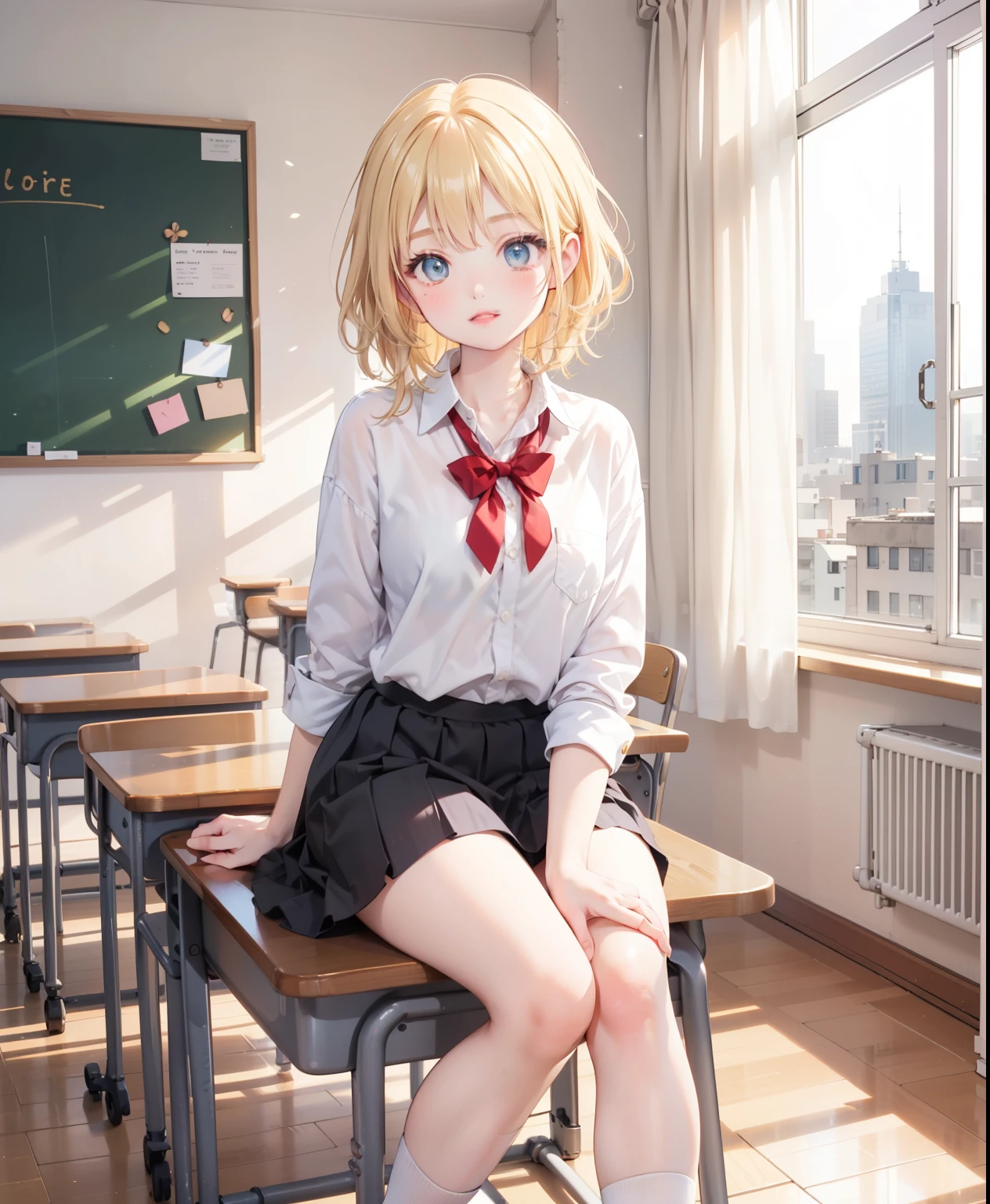 Dynamic posing, dynamic angle, Arrange pose,Top quality work，Show Legs，((short wavy Creamy Golden Blonde hair)),(Creamy Blonde hair),(short hair),(wavy hair),(golden eyes), ( 16 years old), lovely red lips, Rose cheeks, Pretty Face, A perfectly proportioned face, school shirt with red bow and black skirt, (school uniform), white stockings，in classroom，full-body view， amazing, Large round chest、Beautiful eye details、Beautiful eyelashes、beautiful double eyelid, with blush cheeks, talking to viewer, anime vtuber full body model, casual real life